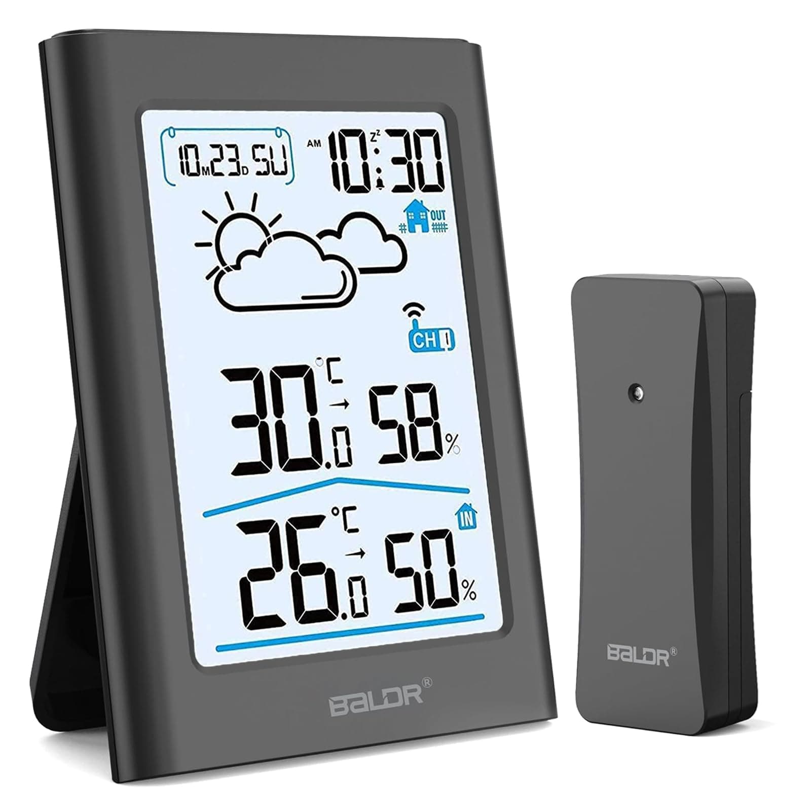 Indoor Outdoor Thermometer Wireless, Battery Powered Weather Station Indoor Outdoor with Clock, Portable Outside Temperature Monitor for Home Patio