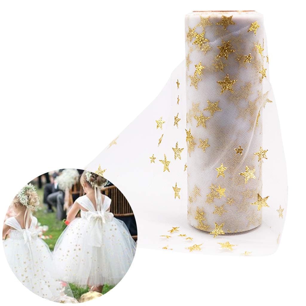 DreamJ 6" x 10 Yards Sparkling Tulle Roll, DIY Craft Wedding Party Gift Bow Craft Sequin Fabric Spool Tutu Party Banquet Decor Gift Wrap (White-Star Gold）