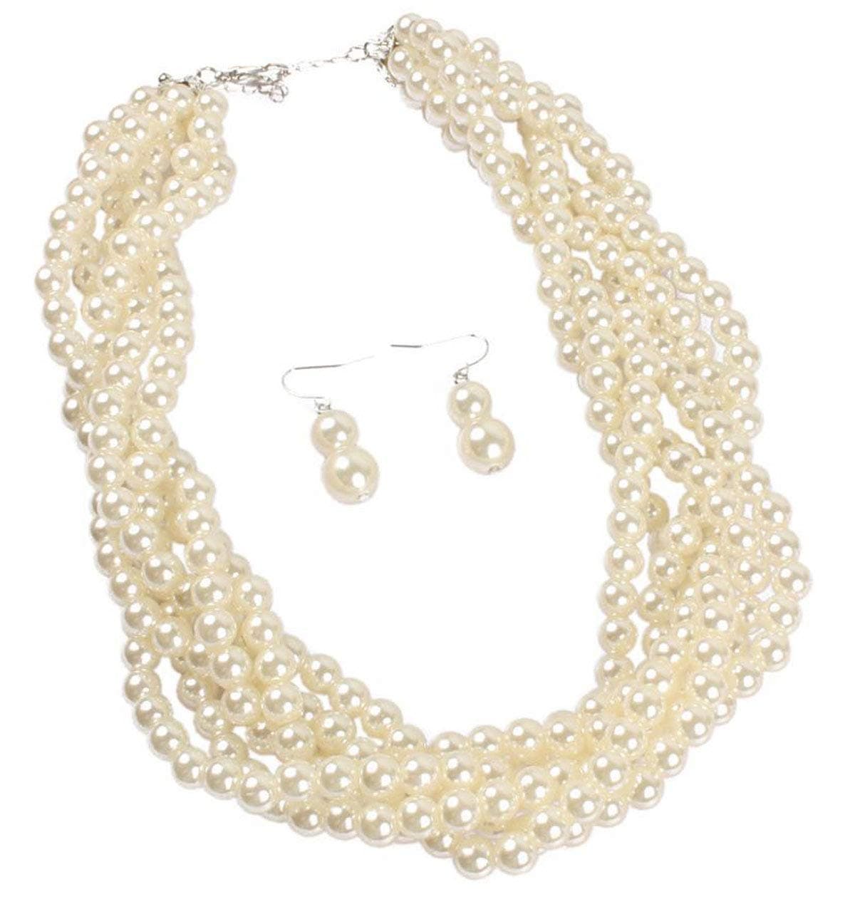 Twisted Multilayer Strand Faux Pearls Beads Cluster Choker Necklace and Earrings Set