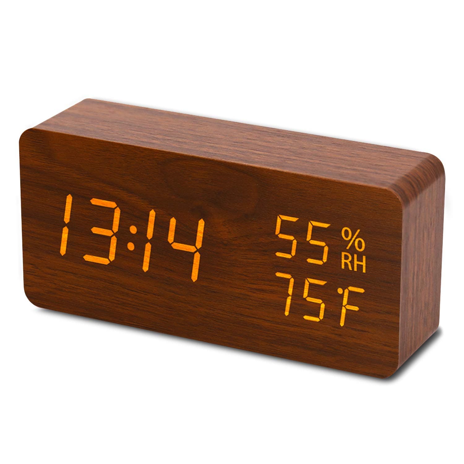 Digital Alarm Clock, LED Adjustable Brightness Voice Control Desk Wooden Alarm Clock with Day/Date/Temperature and Humidity USB/Battery Powered for School Home Office Kids