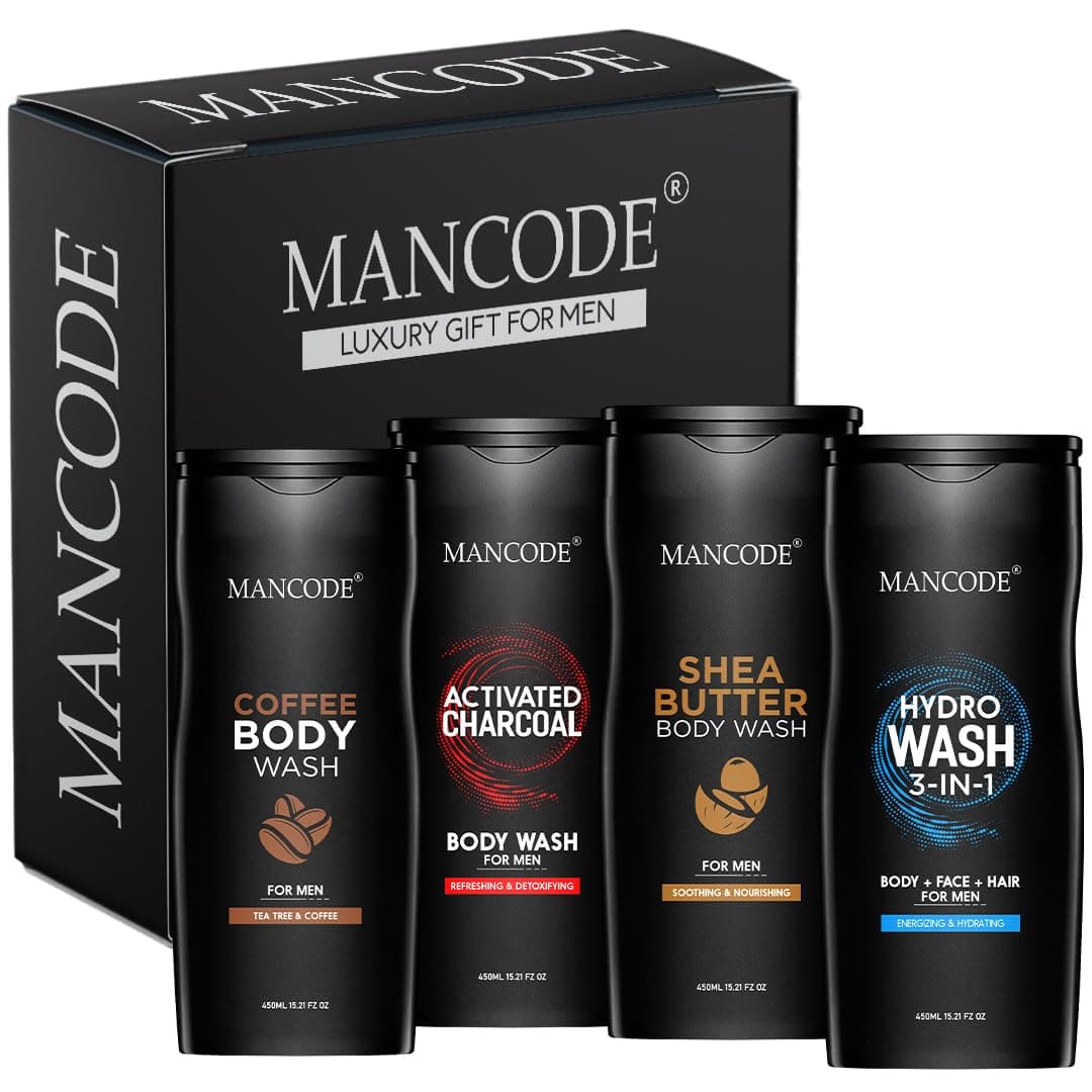 MANCODE Body Wash For Men Refreshing & Detoxifying Treats Oily Skin For Men Size Bottle - 450Ml (Shea Butter Coffee Charcoal Hydro Body Wash Gel, Pack Of 4).