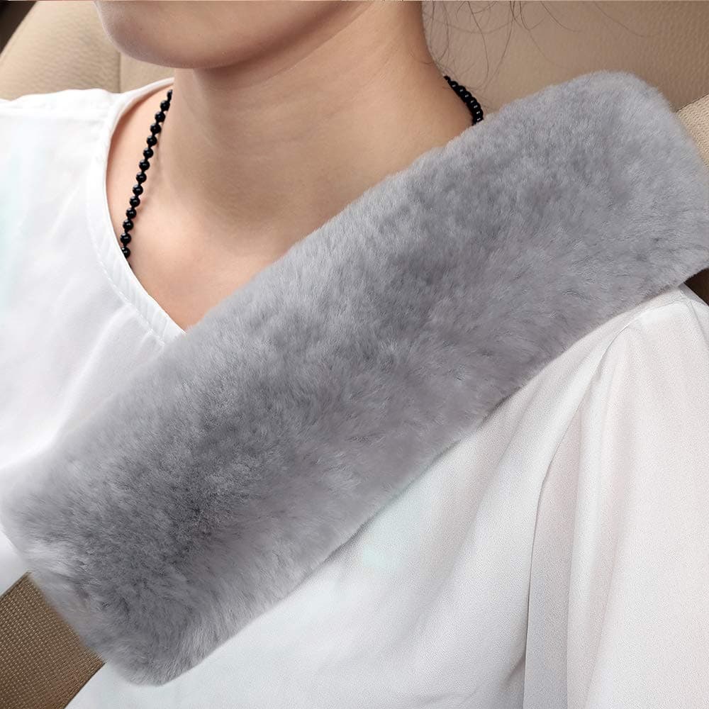 OGLAND Authentic Sheepskin Car Seat Belt Pad,2 Pack Soft Seat Belt Cover for Shoulder Pad Neck Cushion Protector Car Accessories by Genuine Natural Merino Wool (Misty Gray)