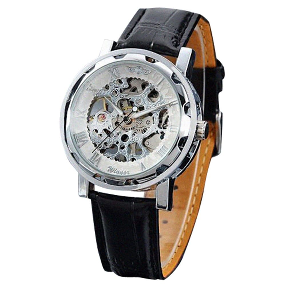 Seasonwind Luxury Silver New Mechanical Semi-automatic Commercial Dial Window Skeleton Analog Leather Men Wrist Watch