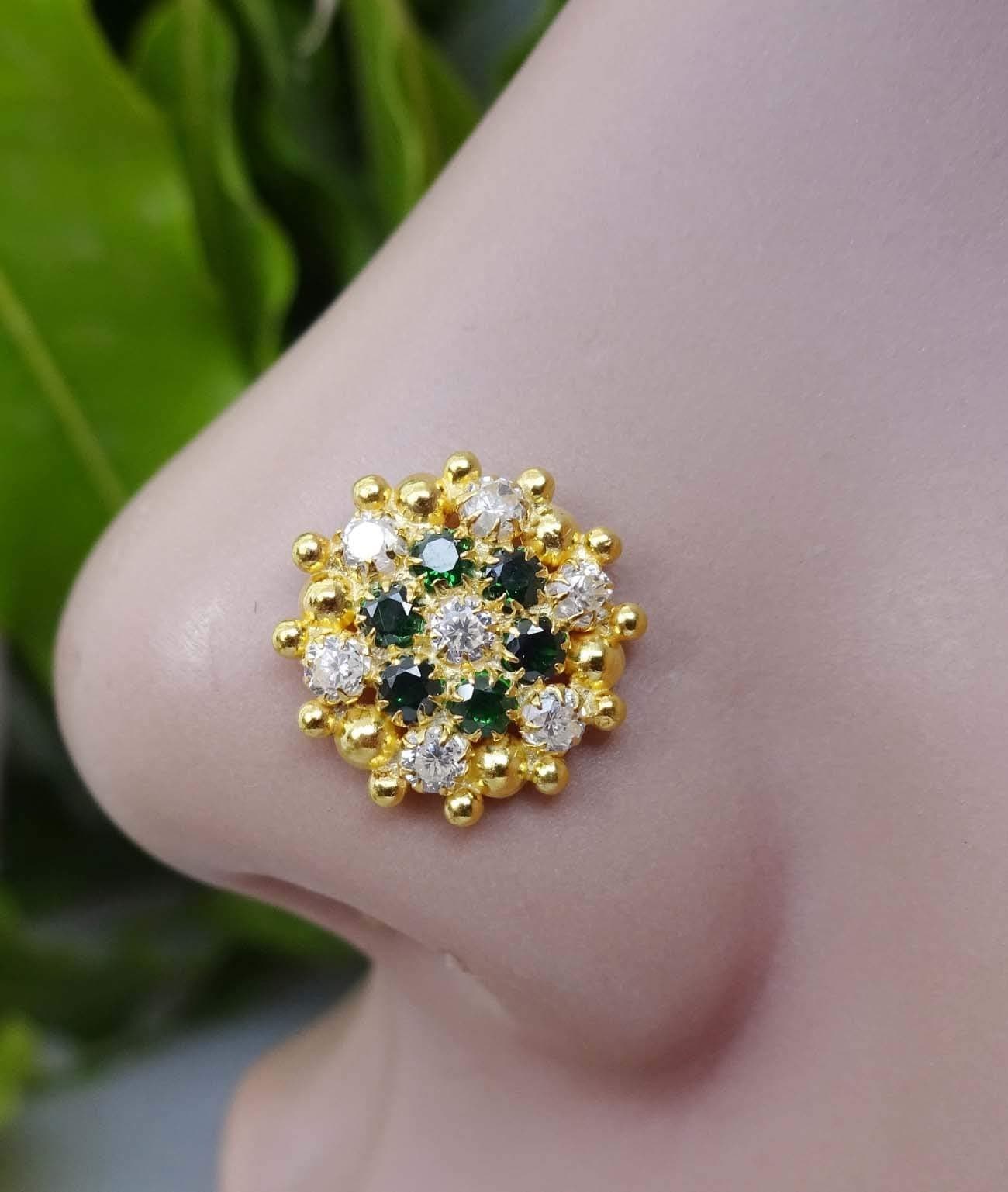 Emerald Piercing,Bollywood Nose Ring,Christmas Sale,Monroe Piercing,Crystal Piercing,Flower Stud,Gold Nose Ring,White Gold Nose Ring,CZ Simulated Diamond Piercing,Crock Screw Stud(TEJ410)