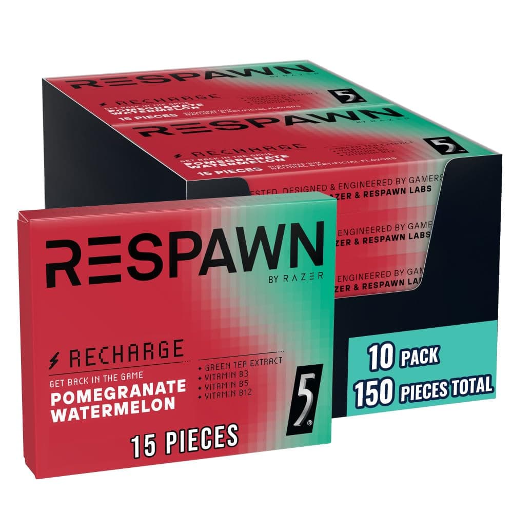 RESPAWN by Razer Gum, Recharge Chewing Gum - Pomegranate Watermelon, Sugar-Free, 15 Count (Pack of 10) Bulk Box