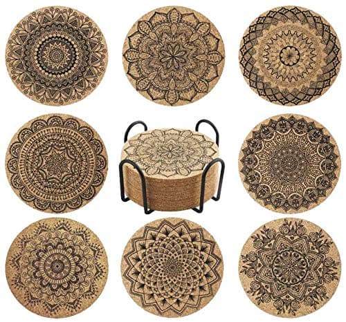 Coasters for Drinks, 8 Pack Wooden Table Absorbent Coasters with Holder Mandala Coaster Set Nature Cork Coasters Round Cup Mat, Gift for Friends, Great Home and Dining Room Decor (4", Cork)