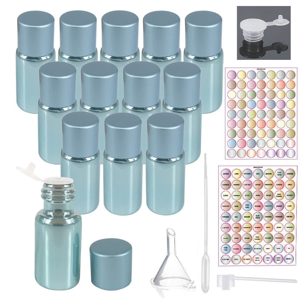 12pcs 5ml Empty Pearled Blue Glass Oil Bottles Set For Essential Oil Blends Samples With 1x26 Stickers,1x63labels,1 Funnel,1 Dropper,1 Sprayer Adapter,1 Extra Orifice Reducer