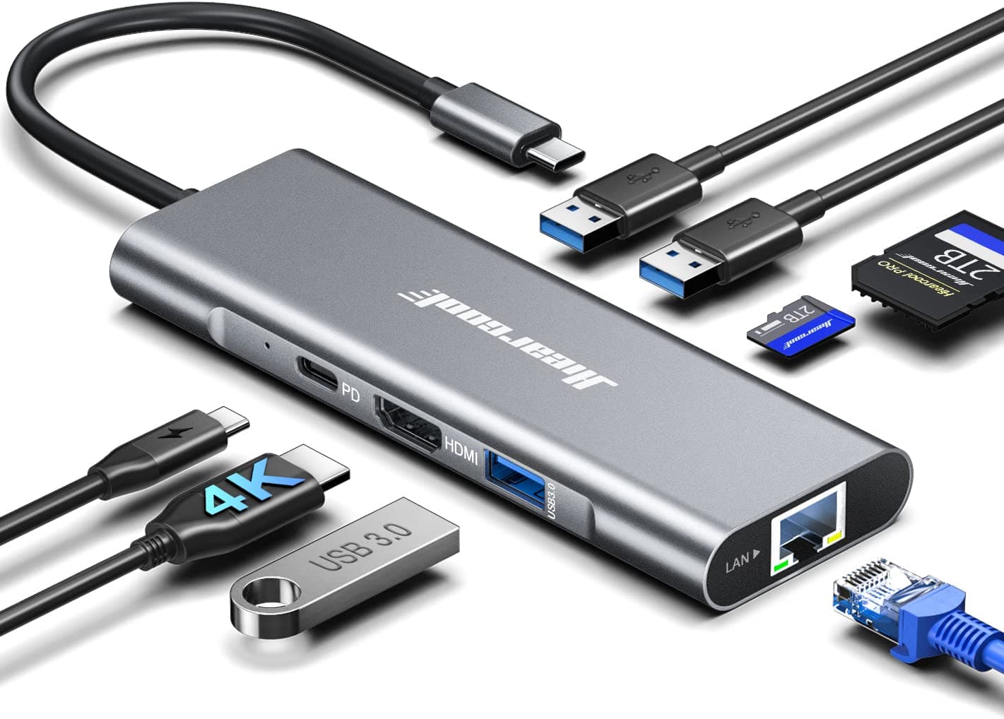 Hiearcool USB C Hub Ethernet 8-in-1, 4K@60Hz USB-C to HDMI Multiport Adapter with 1Gbps RJ45, 100W PD, 3 USB 3.0, SD/TF, Compatible for MacBook Pro/Air, Dell, Lenovo Laptops