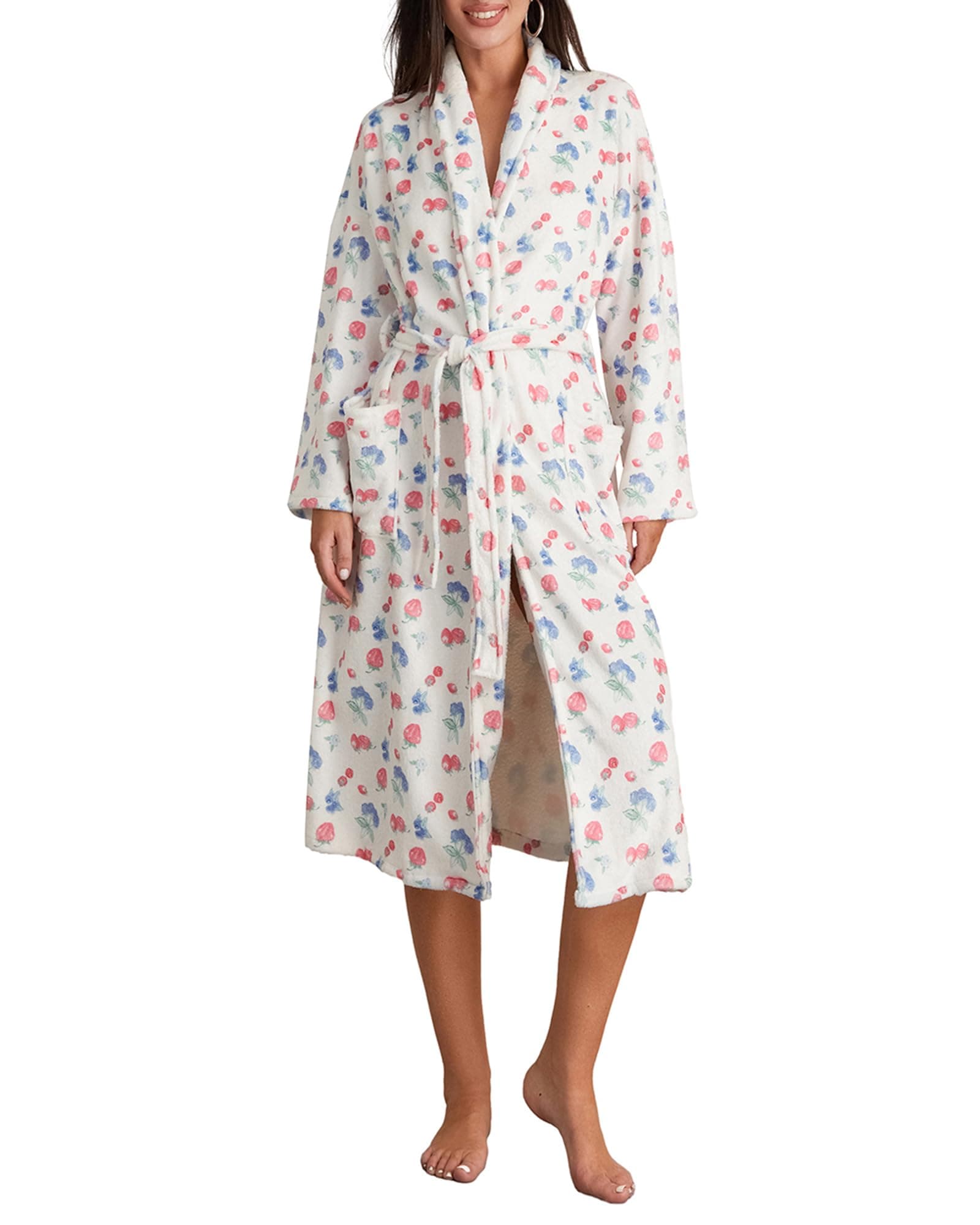 Owl's-Yard Women's Soft Summer Dressing Gown Floral Fruit Print Plush Shawl Collar Bathrobe Warm Lounge Robe with Belt, A-white, L