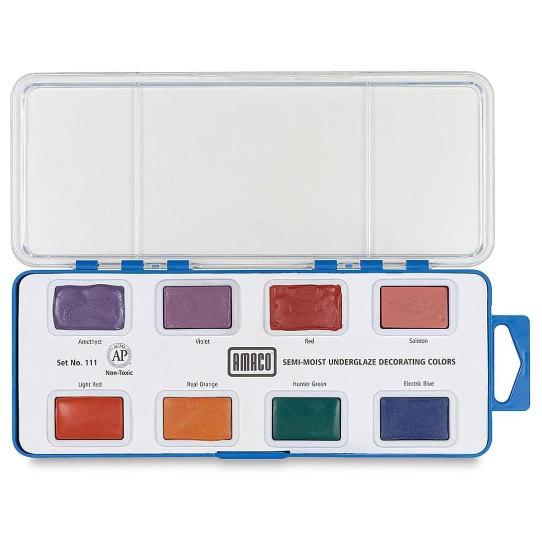 Semi-Moist Underglazes 8-Count Set No. 4 (#111), 8 Assorted Decorating Colors in Watercolor-Like Pans, Low/Mid-High Fire Cone 05-6 (SMUG) Ceramic Pottery Underglazes for Unfired Clay and Bisque