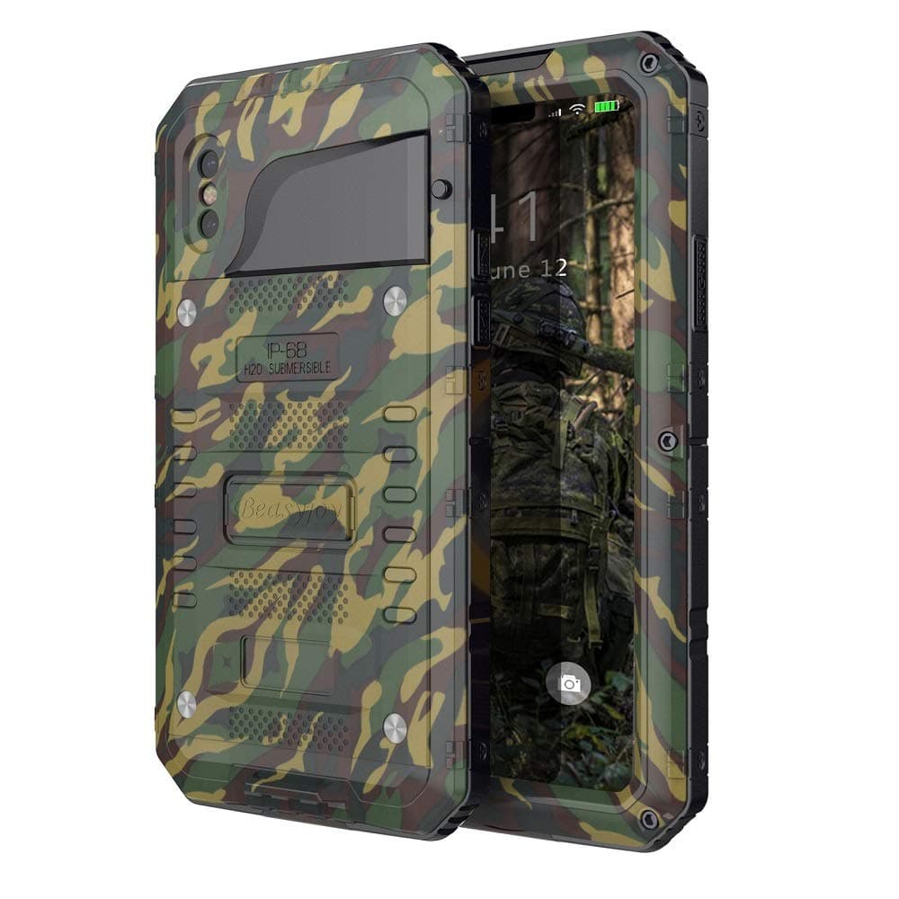 Beasyjoy for iPhone Xs/X / 10 Metal Waterproof Case Aluminum Heavy Duty Strong Phone Cover with Screen Protector Shockproof Drop Proof Rugged Durable Hard Military Grade Camo/Camouflage