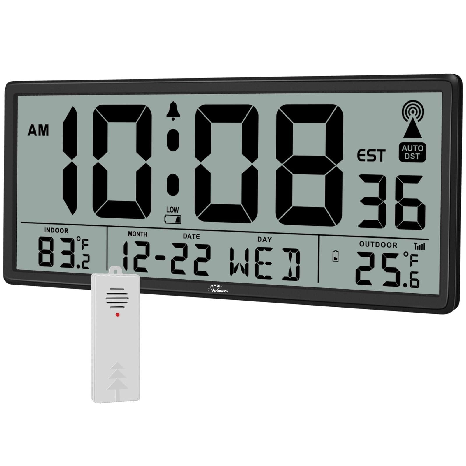 Atomic Clock with Indoor Outdoor Temperature - Easy to Read - Self Setting, 14.5'' Jumbo Auto Set Digital Wall Clock Battery Operated