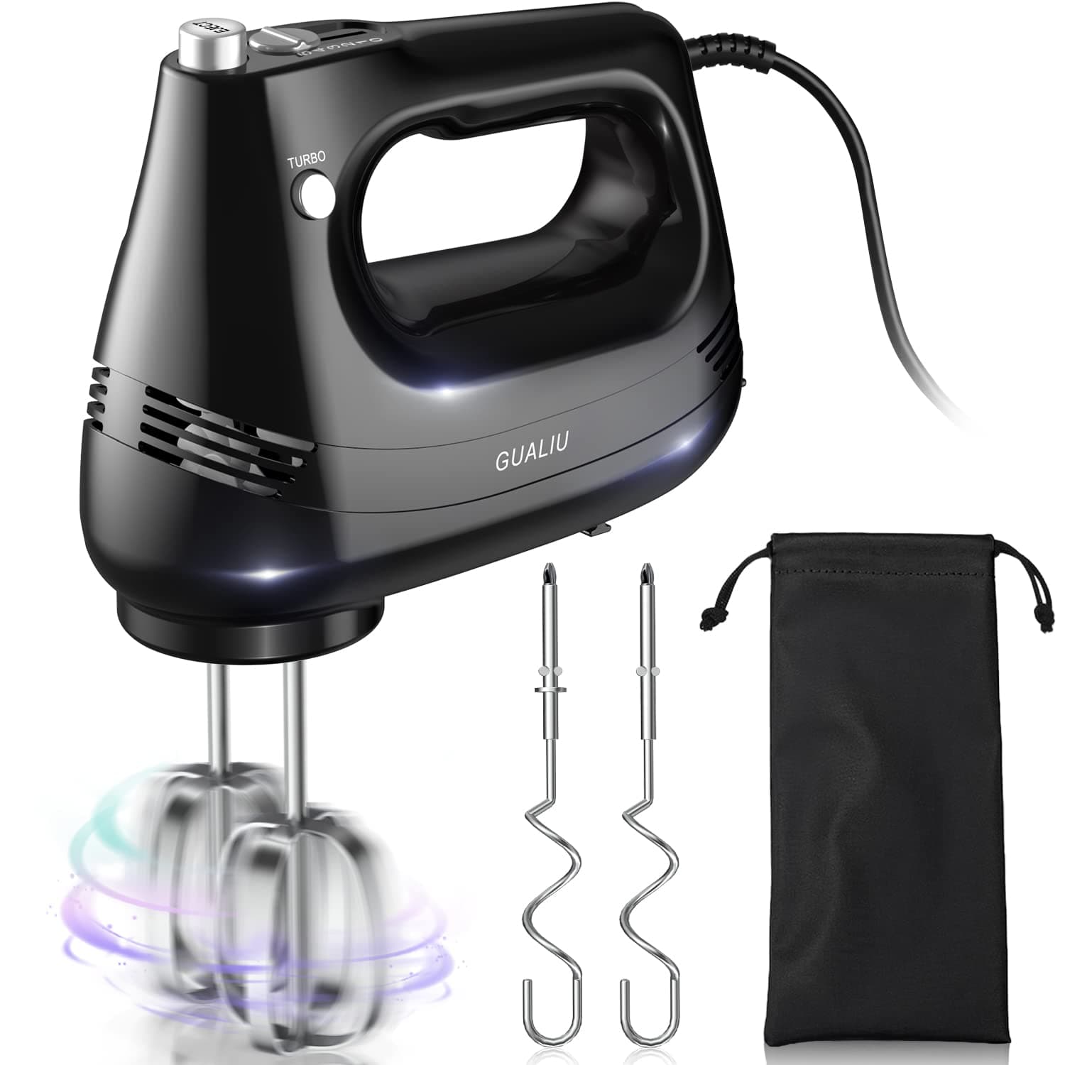 Electric Hand Mixer with Stainless Steel Whisk, Dough Hook Attachment and Storage Bag, Handheld Mixer for Baking Cakes, Eggs, Cream Food Mixers. Turbo Boost /5 Speed Kitchen Blender