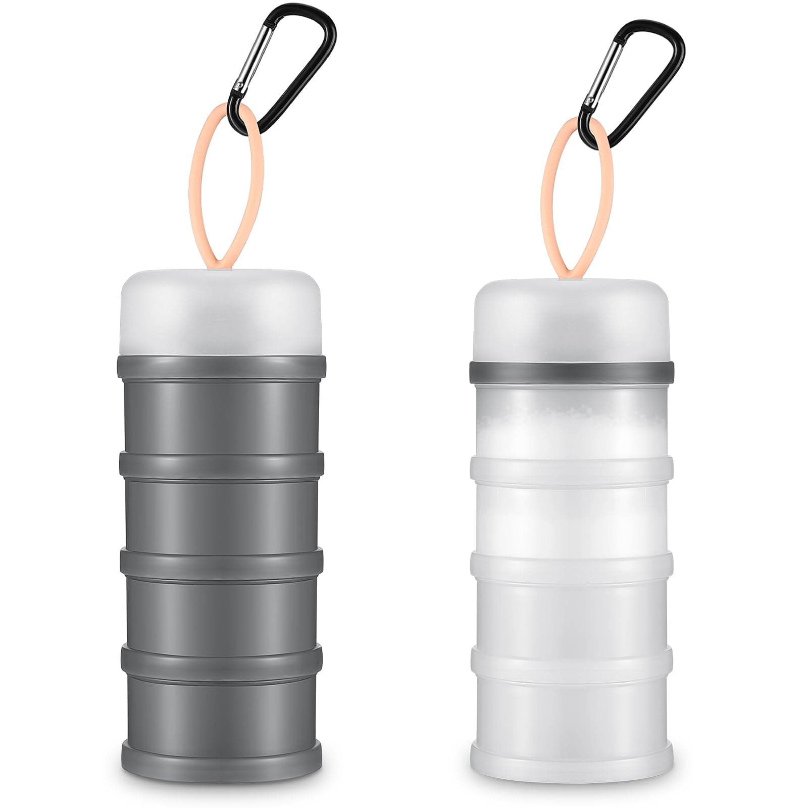 2 Pcs Protein Powder Containers with Funnel Stand, 4 Stackable Leakproof Dispensers, Portable Keychain Containers for Workout, Fitness, Travel (Gray, White, 473.38 ml, Polypropylene Plastic)