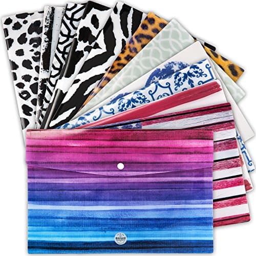 Filing Envelopes Poly Envelope Folder with Snap Button – Extra Durable – Set of 12 Plastic File Folders in Unique Designs