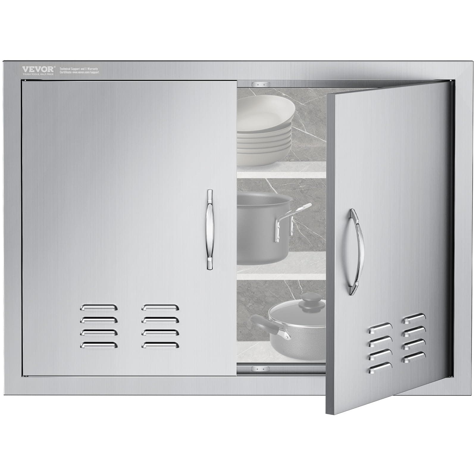 Mophorn Outdoor Kitchen Doors, 30W x 21H Inch, 304 Stainless Steel Double Doors with Vents, BBQ Access Door with 2 Detachable Handles and 6 Hooks, for BBQ Island