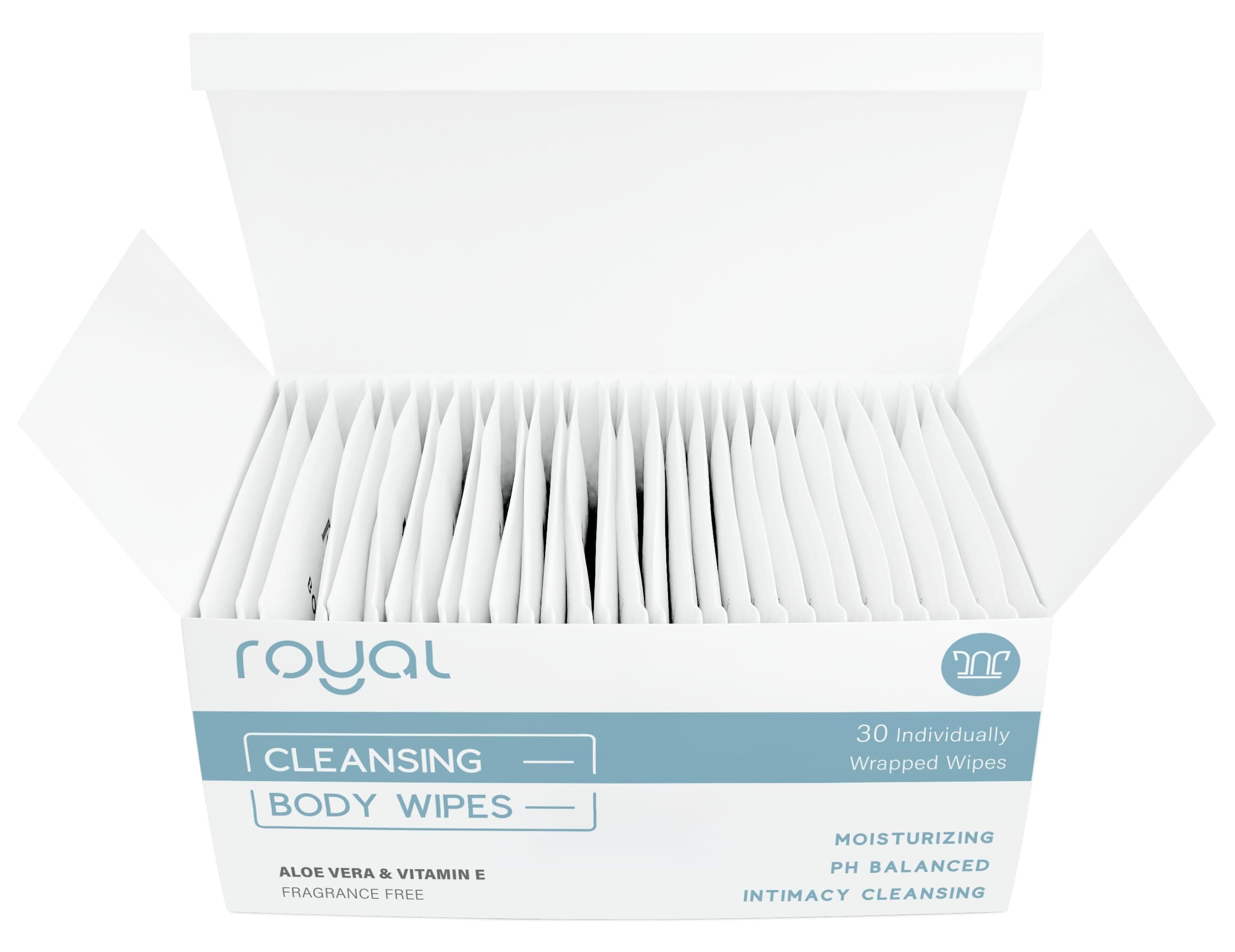 Royal Body Wipes - Flushable Individually Wrapped Wet Towelettes for Feminine Hygiene, Personal & Intimate Cleansing, Odor & Period Care – Women & Men – Unscented, Biodegradable - 30 Count