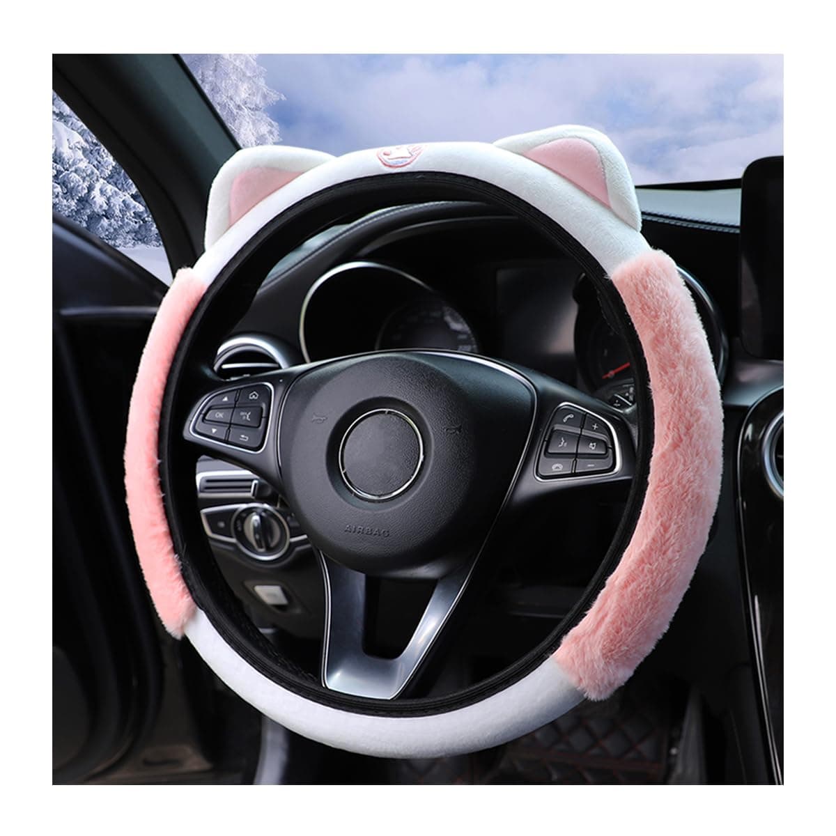 Car Steering Wheel Cover, Fluffy Soft Plush for Winter Warm, Cute Steering Wheel Protector with Kitty Cat Ears, Universal 15 Inch, Elastic & Anti-Slip, Lovely Decor Car Accessories (Pink)