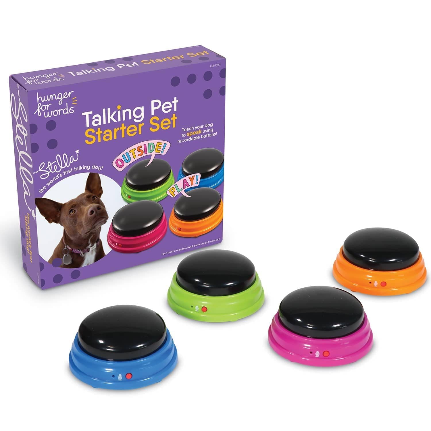 Hunger for Words Talking Pet Starter Set - 4 Piece Recordable Buttons for Dog Communication, Training Games, and Teaching Your Pet to Talk