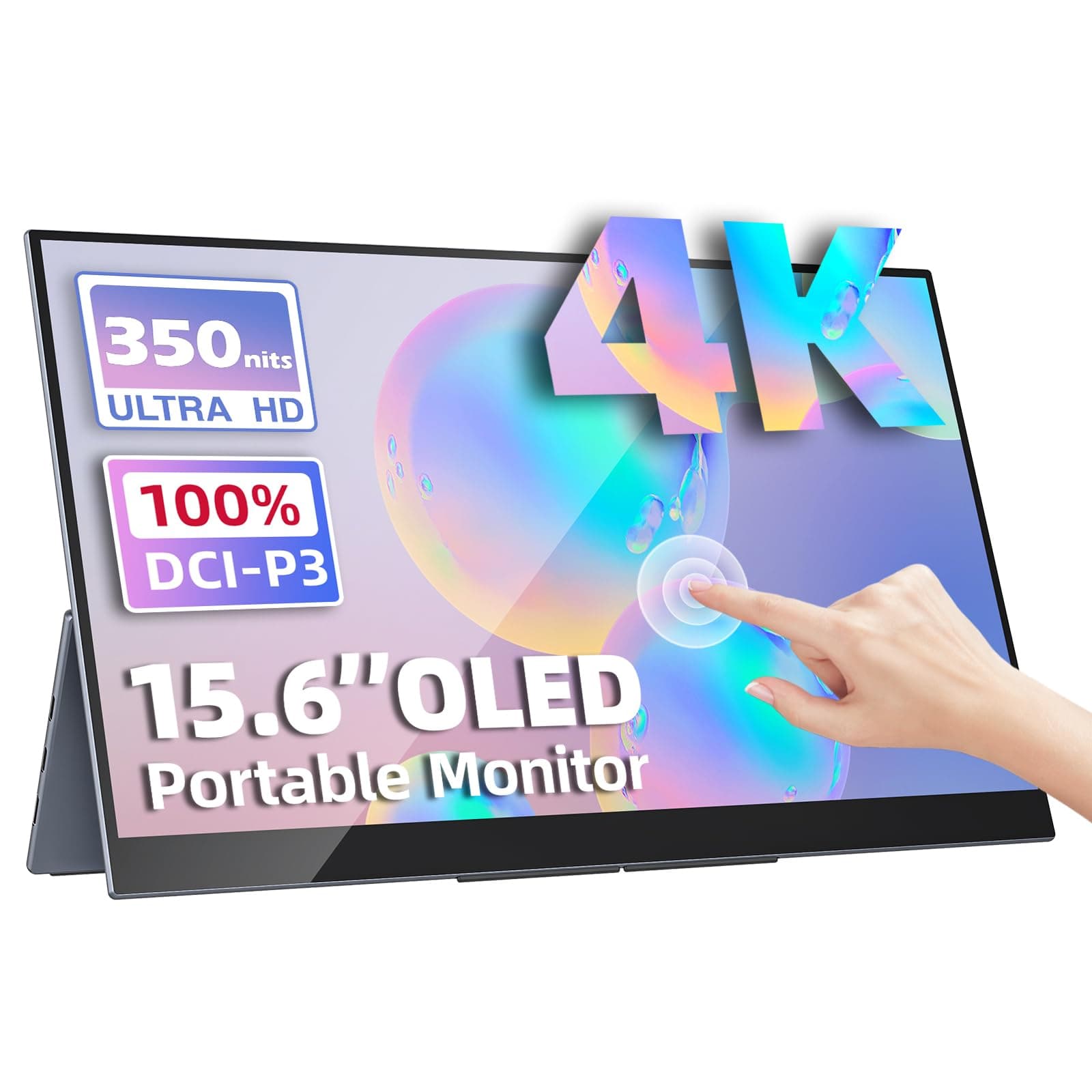 Portable Monitor 15.6 inch 4K UHD 3840X2160 100000:1 100% DCI-P3 60Hz OLED Touchscreen HDR HDMI USB-C Travel Monitor for Laptop MacBook PC Surface PS5 Xbox, External Display with Kickstand