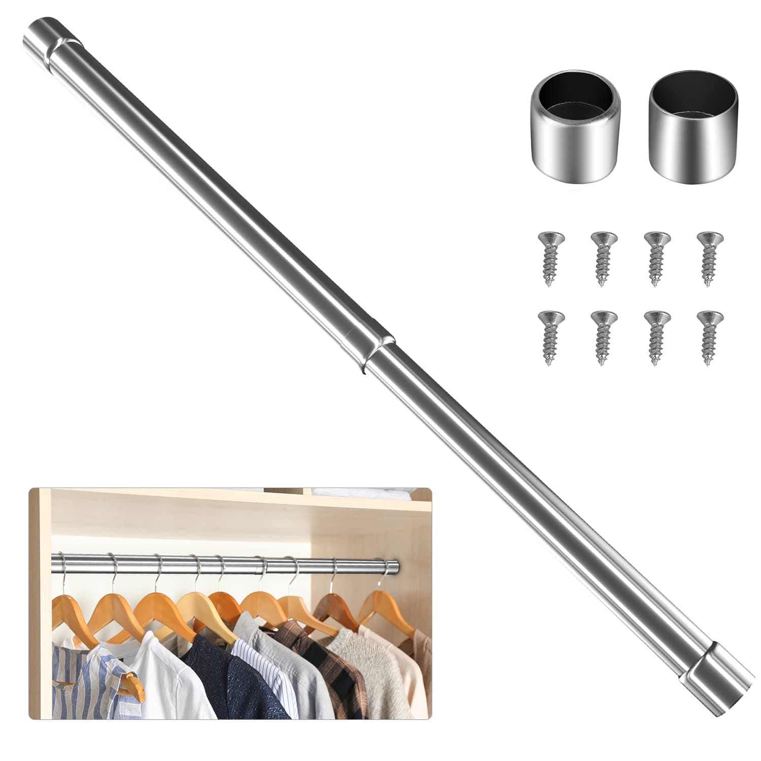WAENLIR 31cm-52cm Extendable Stainless Steel Wardrobe Rail, Adjustable Clothes Rail Pole With End Sockets