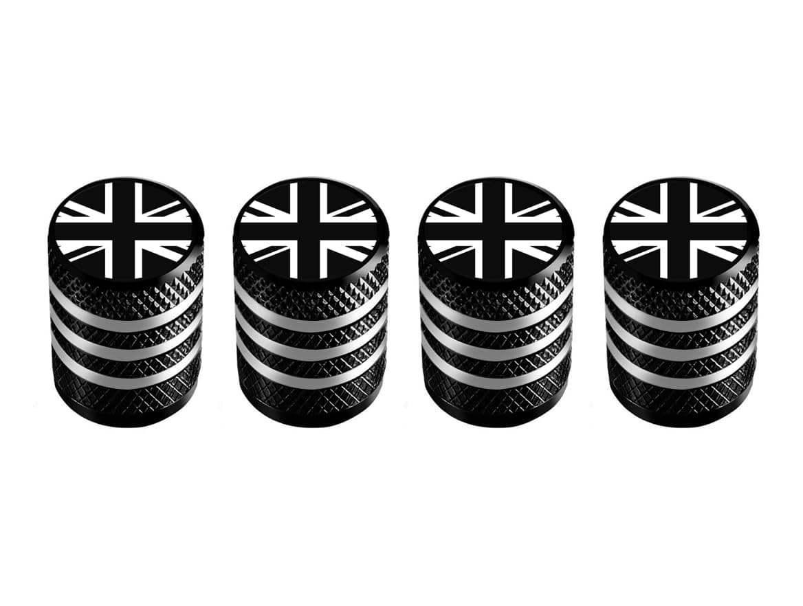 Corrosion Resistant (Black) (Laser Engraved Union Jacks) Aluminium Tyre Wheel Alloy Valve Caps Dust Caps (4 Pack) Universal for Cars, SUVs, Bicycles, Motorcycles, Trucks | Plastic Insert