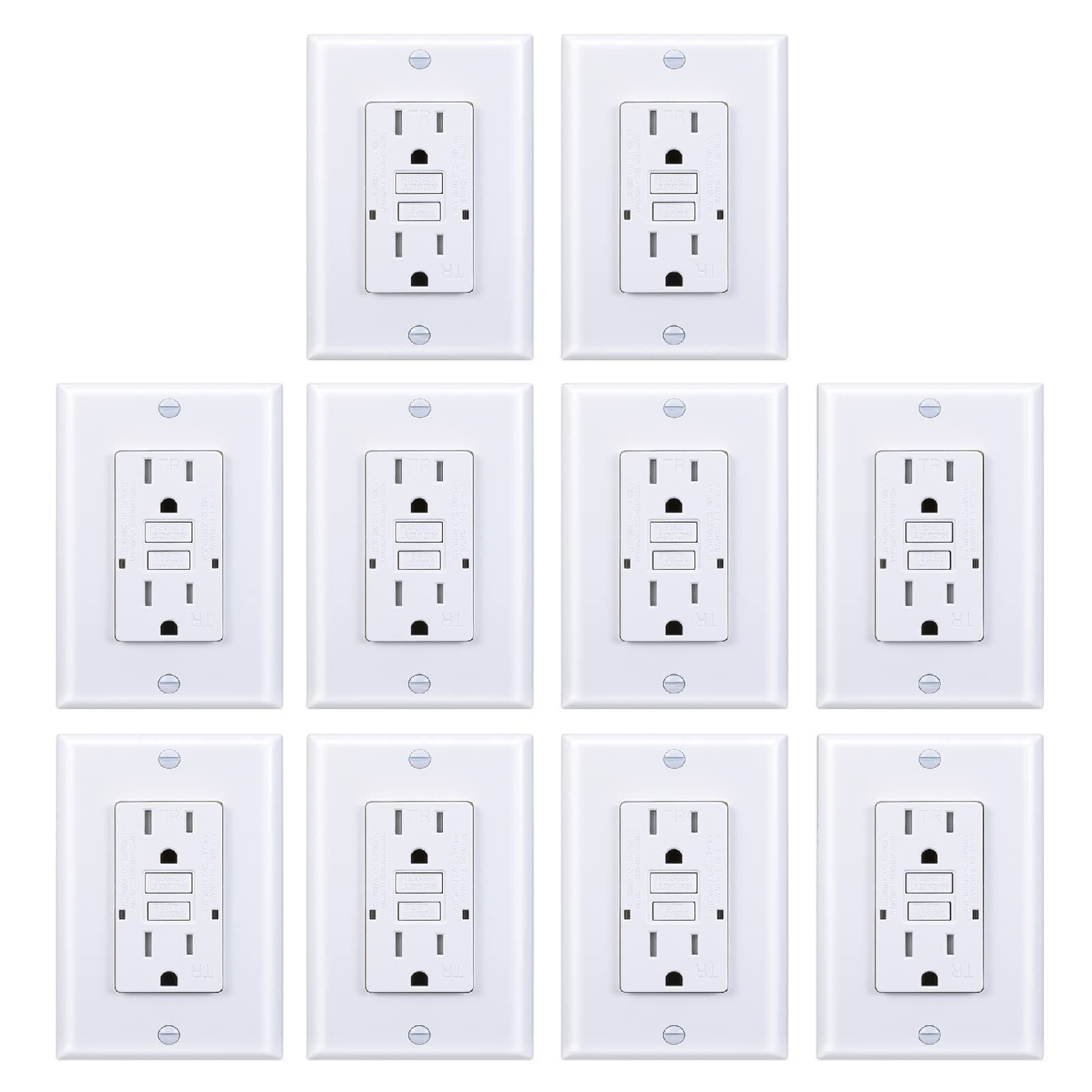 3GRACE 15 Amp GFI Output, Tamper Proof GFI Socket, Ground Fault Circuit Breaker with LED Indicator, Includes Decorator Wall Plates and Screws, UL Listed, White (Pack of 10)