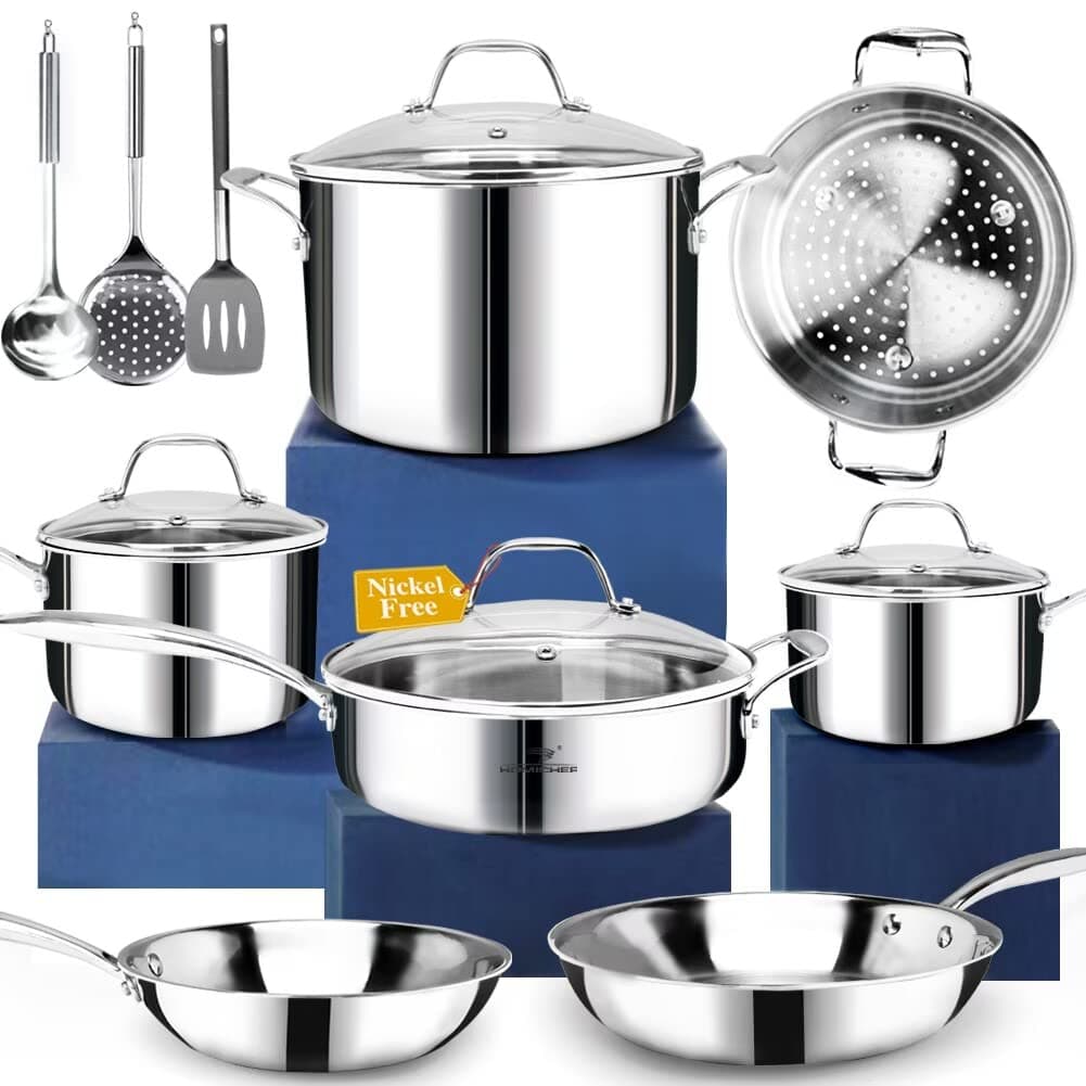 14-Piece Nickel Free Stainless Steel Cookware Set Whole-Clad 3-Ply - Mirror Polished Pots And Pans Set - Healthy Cookware Set With Steamer - Non-Toxic Induction Cookware Sets