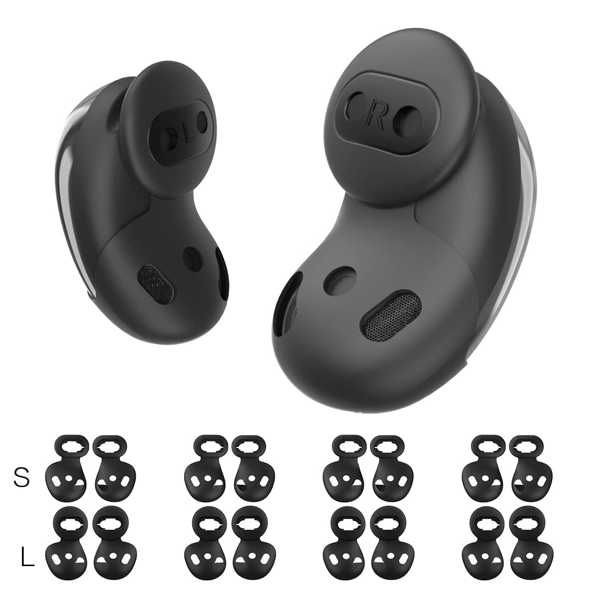 - [8 Pairs] Galaxy Buds Live Ear Tips - Anti-Slip Silicone Cover Compatible With Samsung Galaxy Buds Live Earbuds Accessories Wing Replacement (Black) (2 Sizes - S/L)