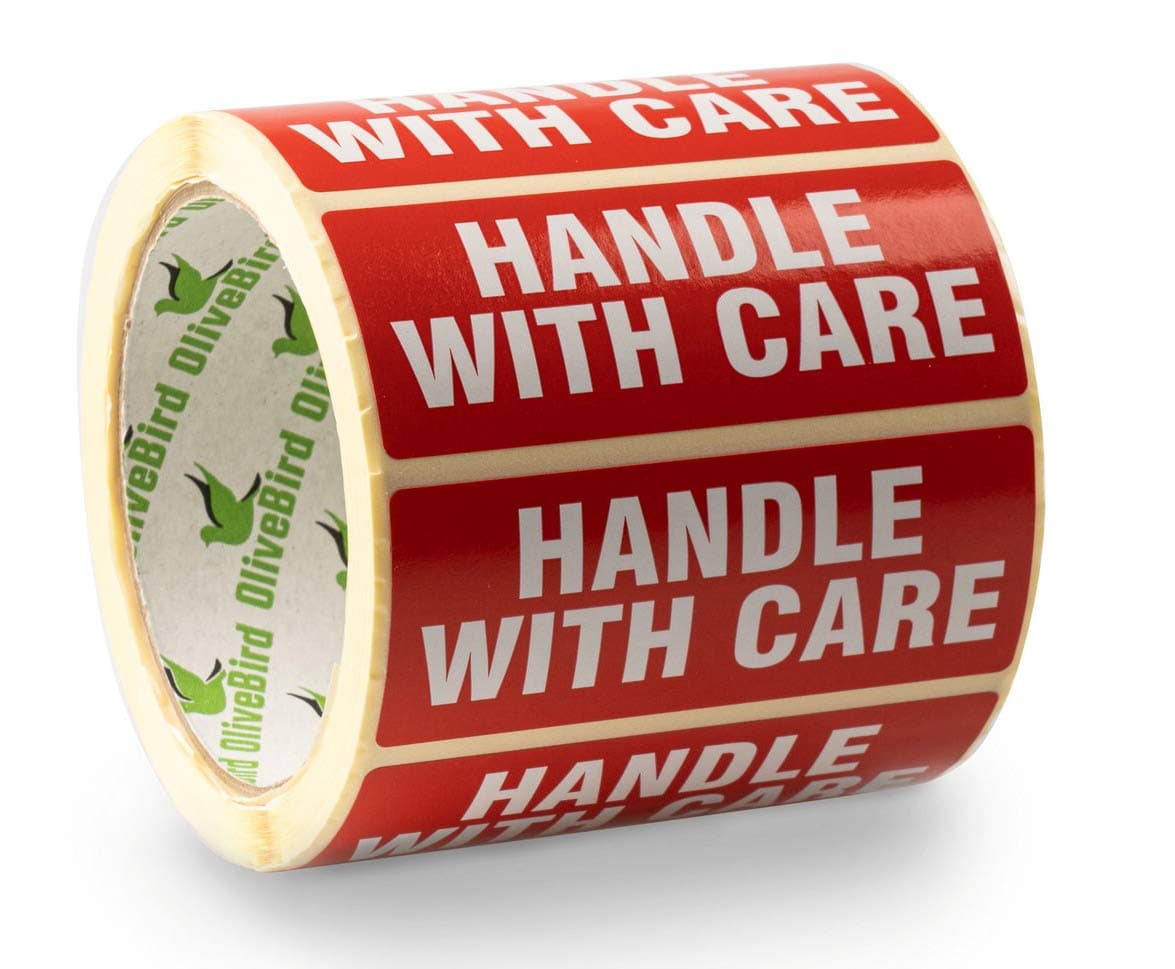 OliveBird 500 Handle with Care Self Adhesive Labels On Roll - Size 90x35mm Glue: Permanent Hot-Melt