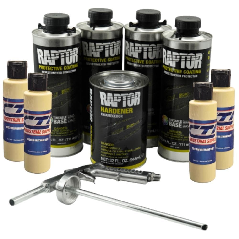 Raptor Truck Bed Liner Kit with Colored Desert Tan Tint and Spray Gun - 4 Liters - Protective Spray On Paint for Coating Trucks, Tailgates, Vehicle Undercoating - Tintable Bedliner Formula