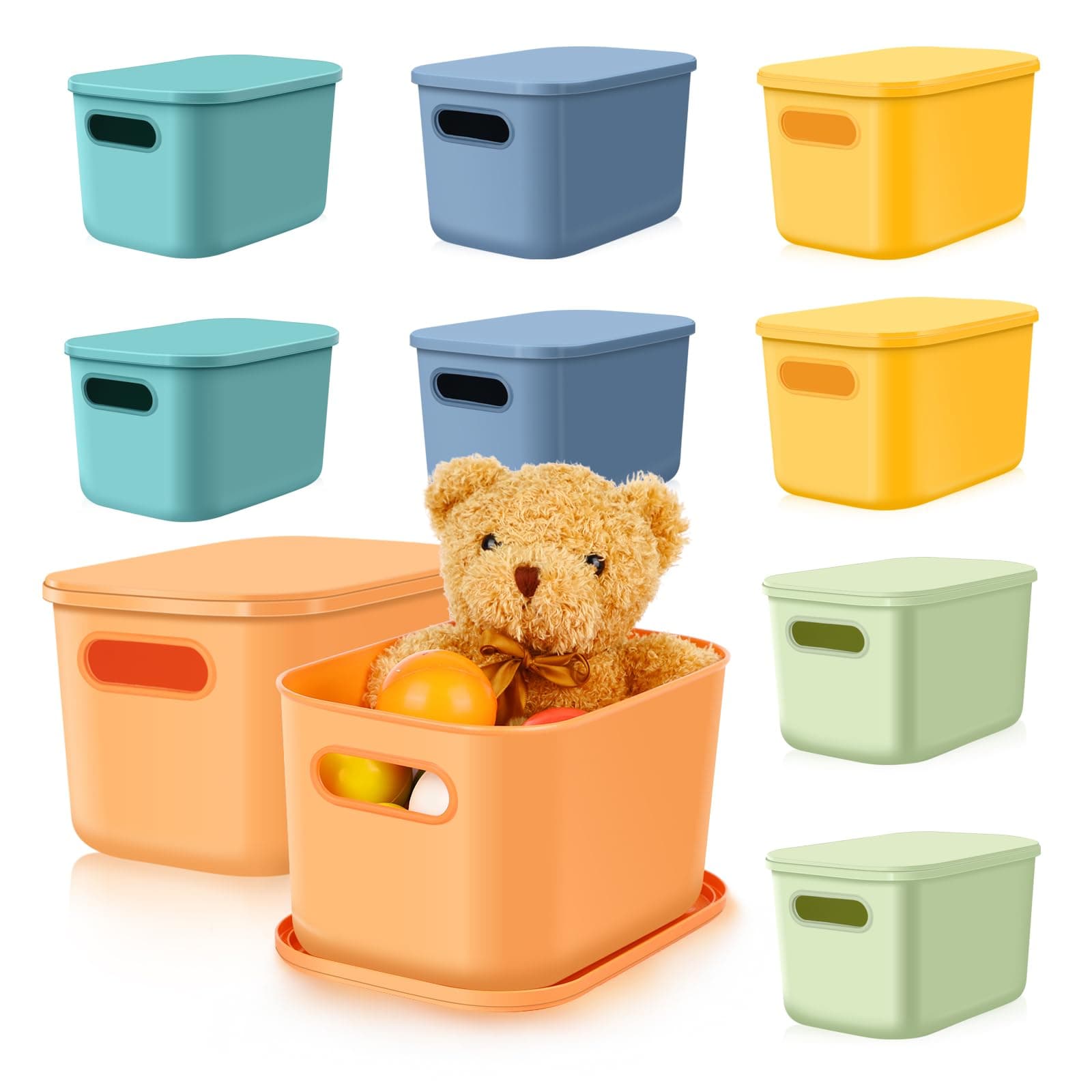 DI QIU REN 10 PCS Colorful Plastic Storage Bins with Lid and Handle, Stackable Solid Color Organizing Bins for Shelf, Smooth Classroom Book Bins for Books Toys Office Supplies Spices Cosmetics Clothes