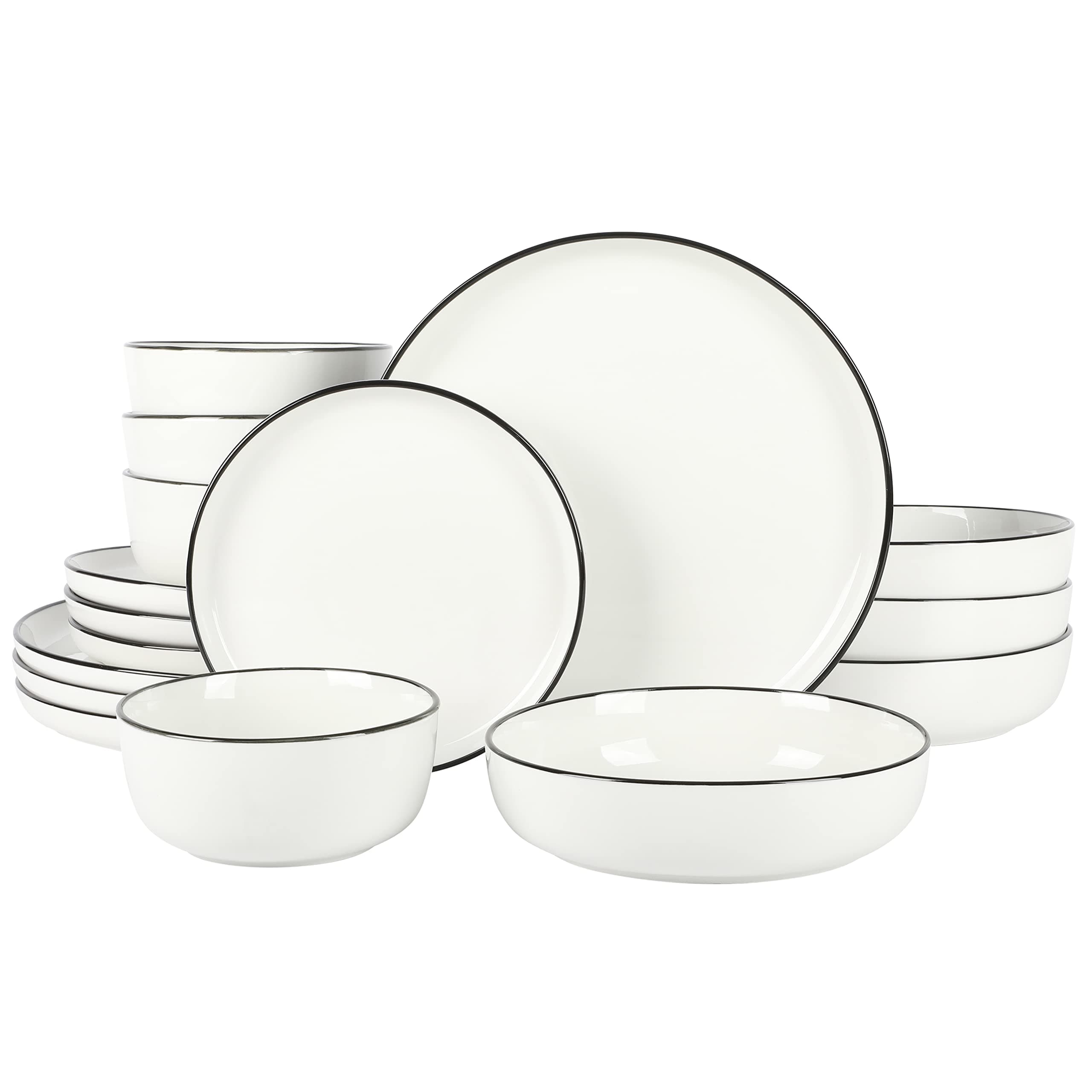 Gibson Home Oslo 16-Piece Porcelain Dinnerware Set, Service for 4 – White Plates with Black Rim, Microwave & Dishwasher Safe