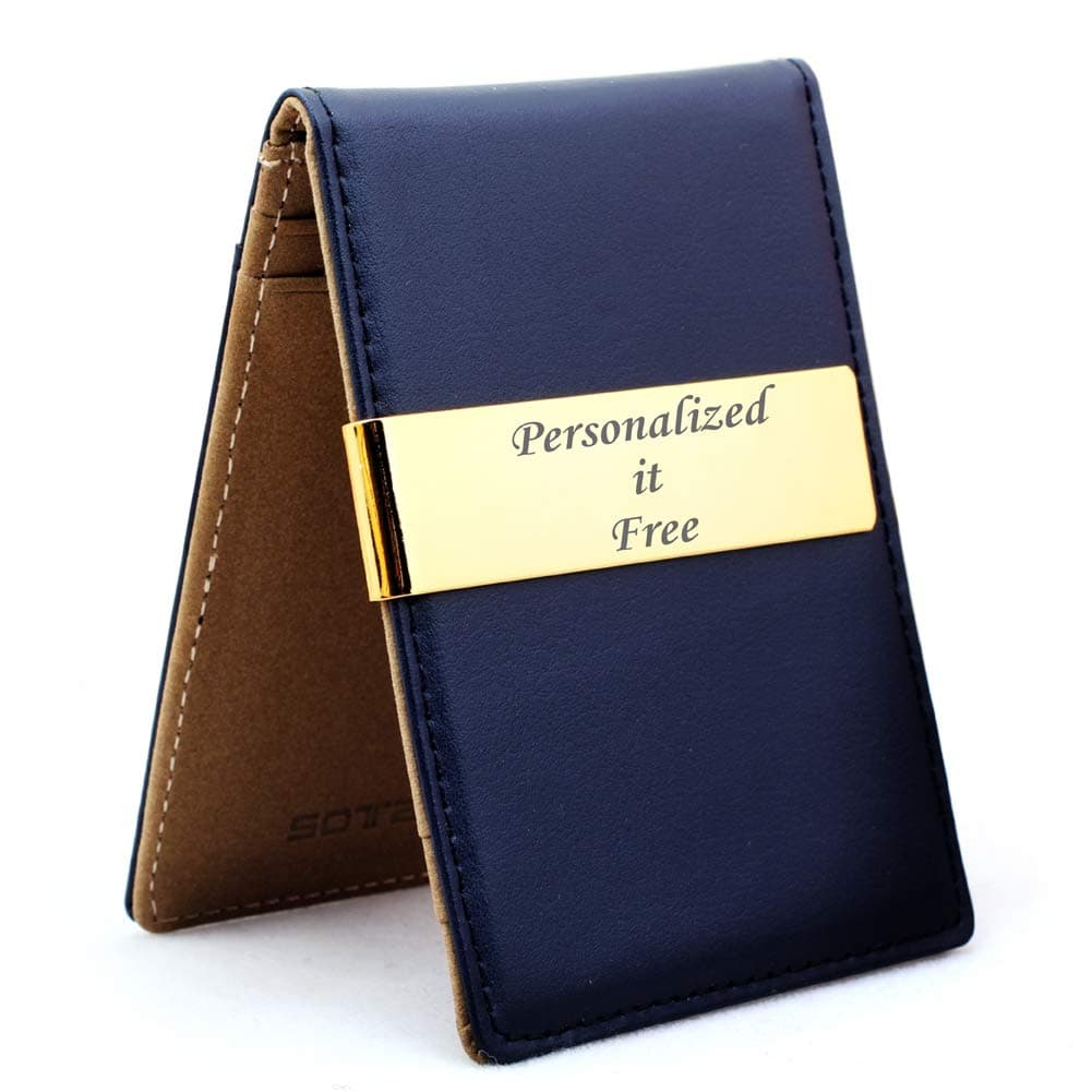 Personalized Slim Leather Money Clip Wallet for Men – 24K Gold Engraved Minimalist Front Pocket Card Holder (Navy Blue)
