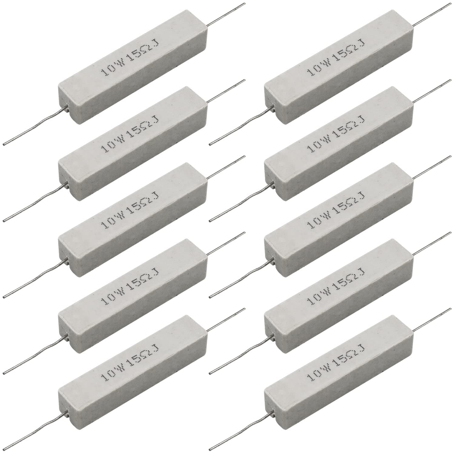 Cement Resistor,10 PCS 10w 15 Ohm 5% Axial Lead Wire Resistor White Wound Fixed Ceramic Cement Resistors Wirewound Cement Power Resistors Flame Heat Moisture Resistance Precharge Horizontal Resistors