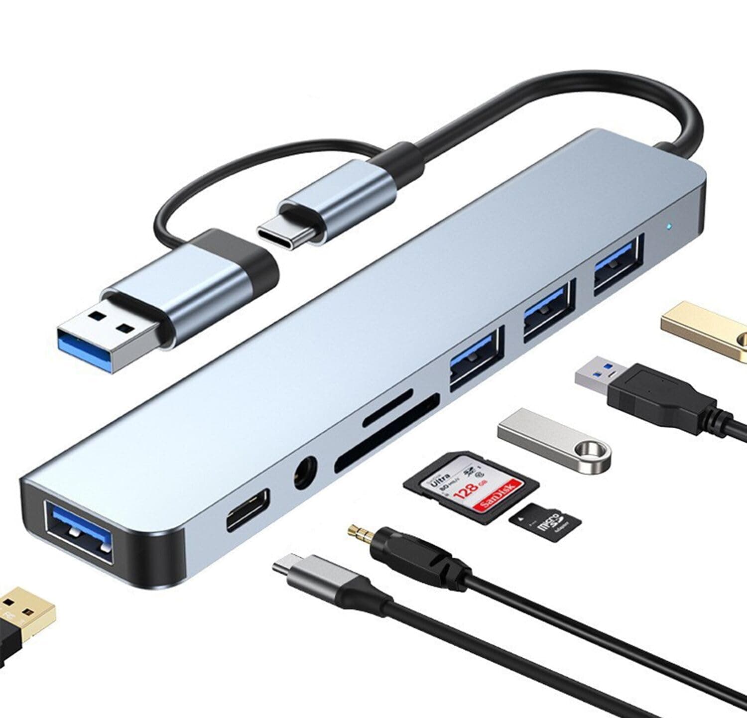 USB C Hub USB Hub 3.0, VIENON Aluminum 8 in 1 USB Extender with SD/TF Card Reader, 3.5mm Aux Headphone Jack for MacBook Pro Air and More PC/Laptop/Tablet Devices
