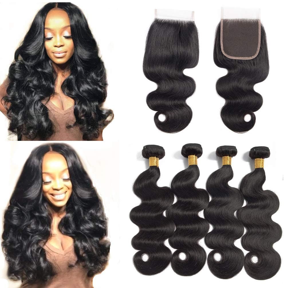 Brazilian 4 Bundles with Closure 10A Body Wave Bundles with Free Part Closure Unprocessed Virgin Human Hair with Closure Natural Color(14 16 18 20+14)