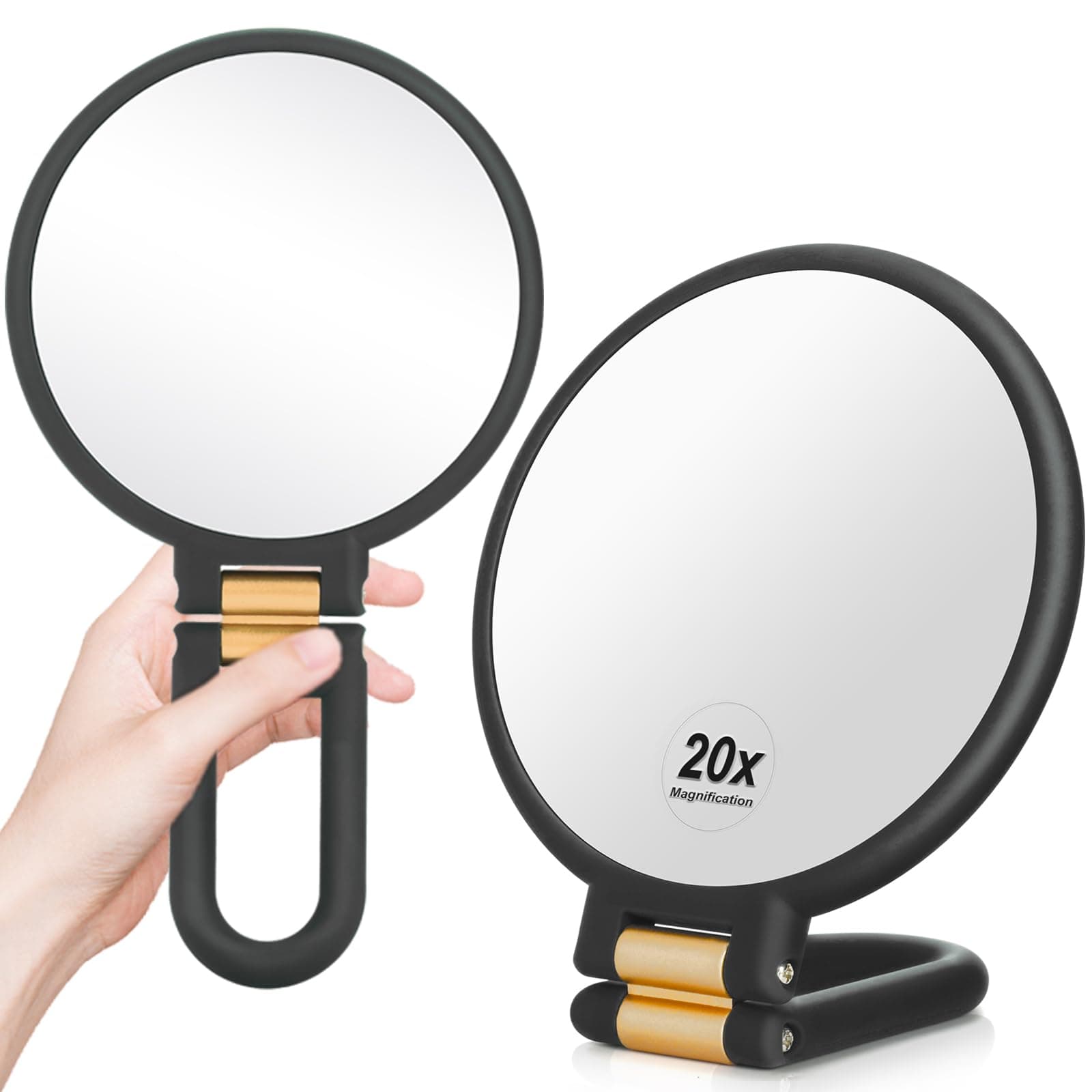 1x 20x Magnifying Travel Mirror, Hand Mirror with Handle - Double Side Hand Held Mirror with 1x 20x Magnification & Foldable Handle, Portable Travel Makeup Hand Mirror for Women (Black)