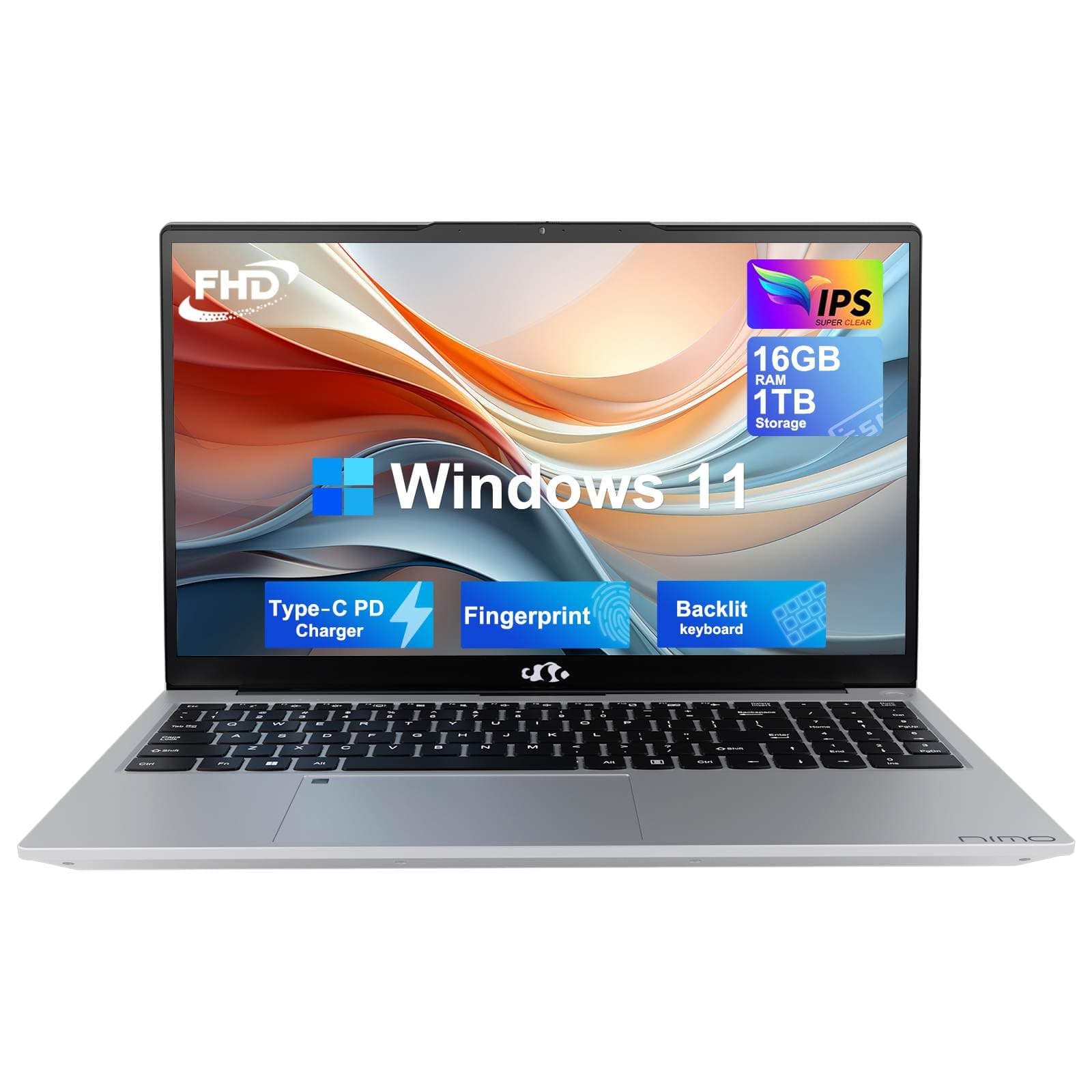 NIMO 15.6 FHD IPS Student Laptop Computer, 16GB RAM 1TB SSD, 4-Cores Pentium N100 (Beat i3-1115G4, Up to 3.4GHz), Backlit Keyboard, Fingerprint,2 Years Warranty, WiFi 6, Win 11 H