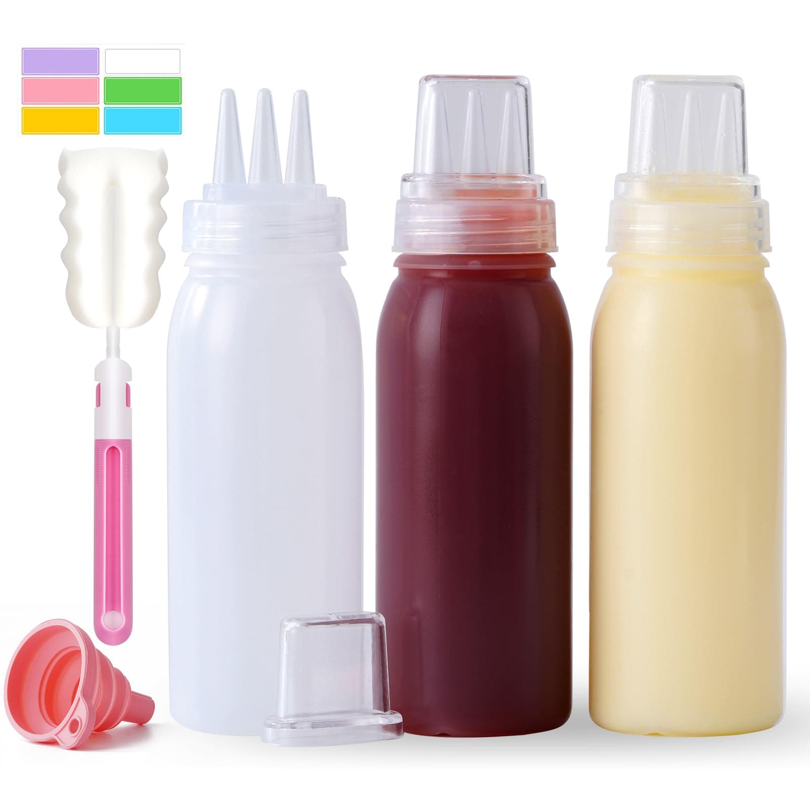 3 Hole Squeeze Bottles for Sauces Plastic Condiment Squeeze Bottles Ketchup Dispenser Salad Dressing Container Squirt Kitchen Squeeze Bottles for Oil BBQ Paint Pancake Art 3 Pcs 13oz/380ML