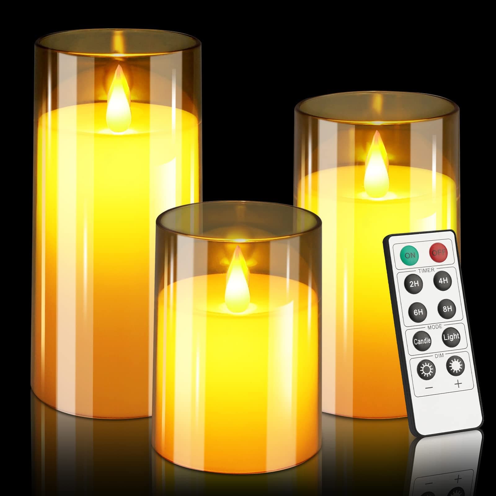 Aignis Flameless Candles Flickering with Remote, Battery Operated Candles Pack of 3 with Timer, Plexiglass LED Candles for Home Table Decor(D: 3" x H: 4" 5" 6") (Dark Brown)