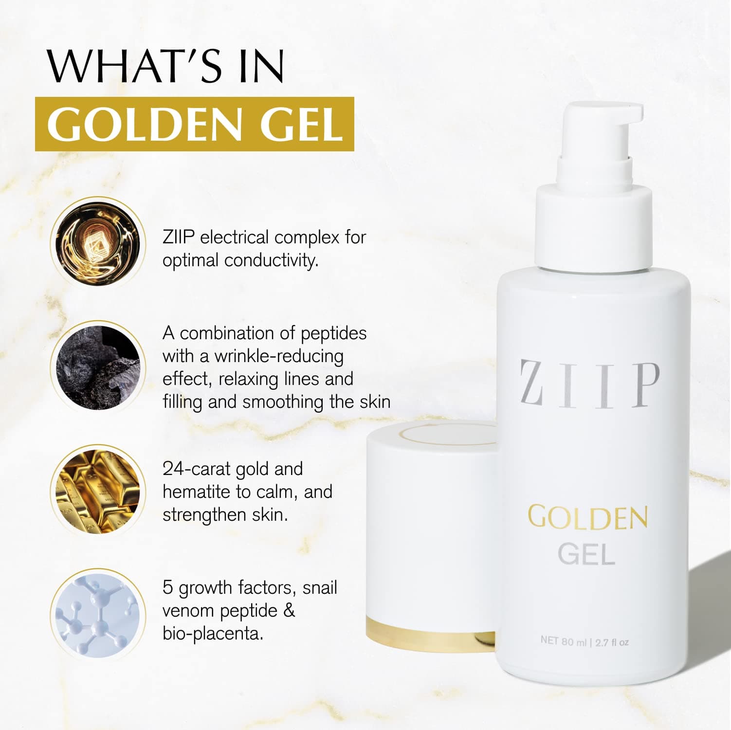 ZIIP 24-Carat Golden Conductive Gel with peptides. Rejunvenating face & neck skin treatment for use with the ZIIP Facial Device