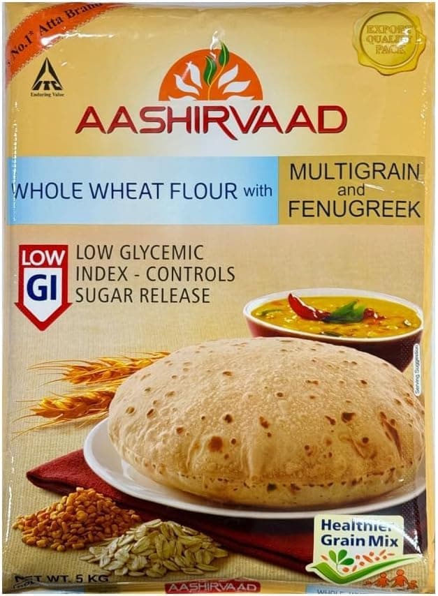 Aashirvaad Wheat Flour With Multigrain And Fenugreek Sugar Release Atta Low Glycemic Index Controls Sugar Release Healthier Grain Mix No Added Preservatives 5KG Pack Of 2