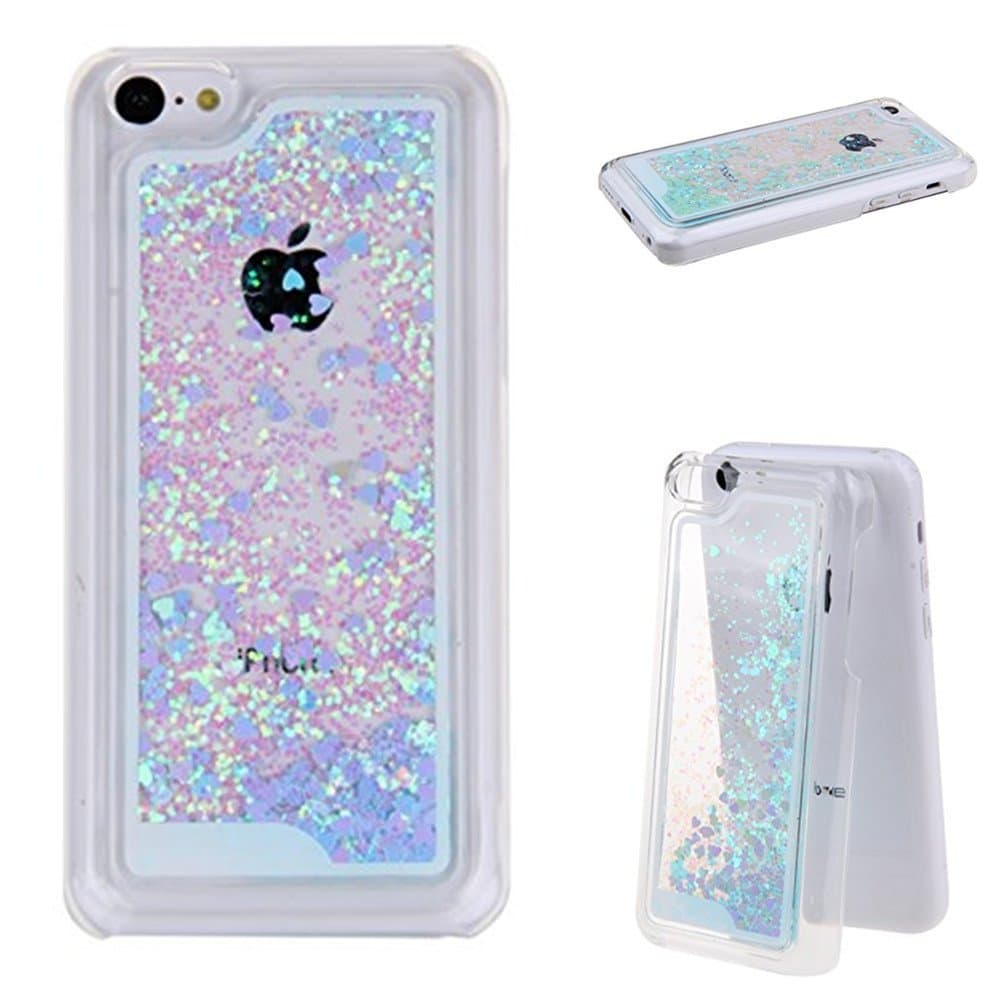 Glitter Case for iPhone 5C, 3D Flowing Glitter Hearts Bling Quicksand Liquid Case Protective Clear Hard Case Cover for iPhone 5C (Hearts/Blue)+ A shinning hair bun sent randomly