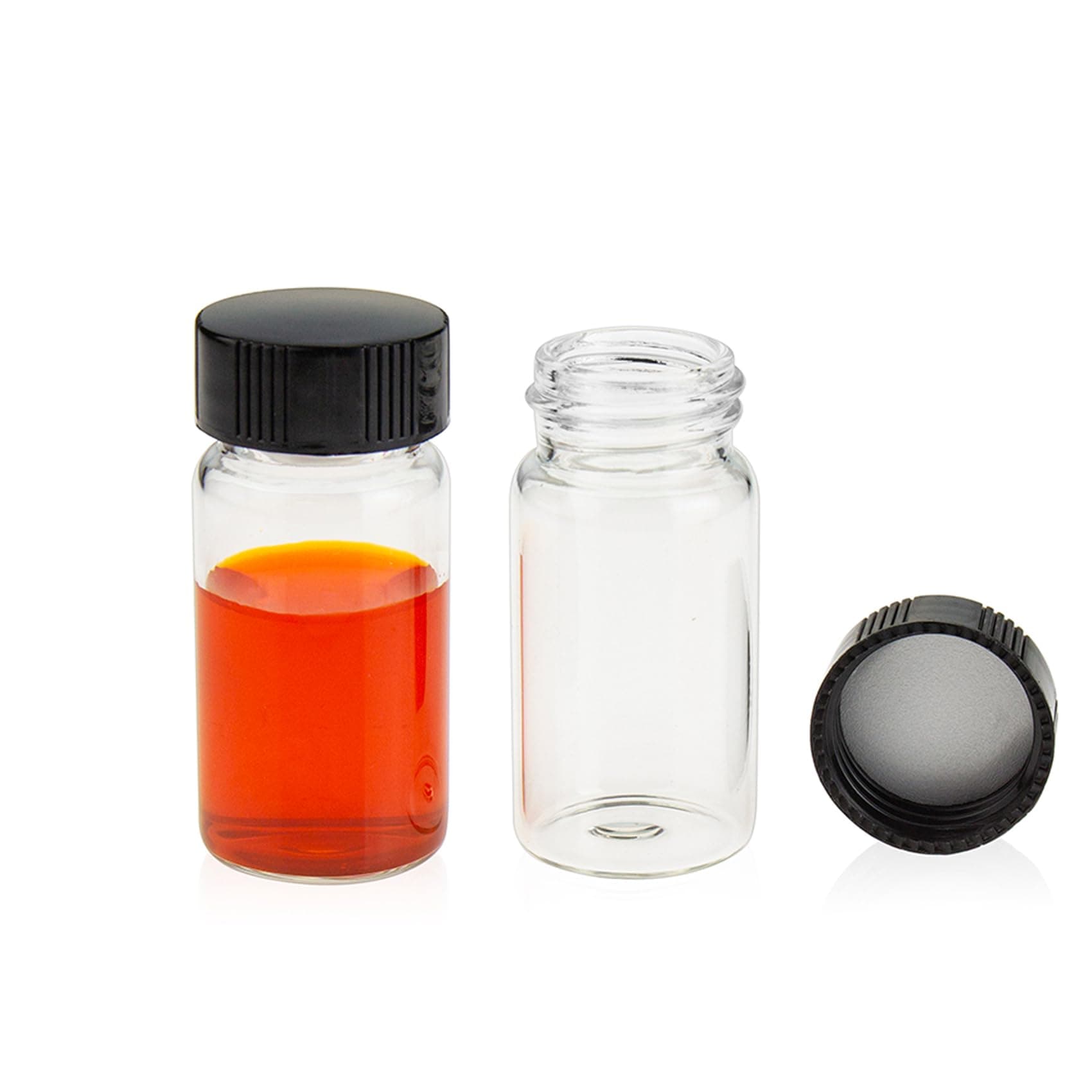 PEKYBIO Clear Glass Sample Vial, Liquid Sampling Sample Glass Bottle, 20ml(0.7OZ) Capacity, Storage Vial 27.5mm.I.D. 57mm, 24-400 Thread Black Closed Top Screw Cap,PE Liner, Pack of 100