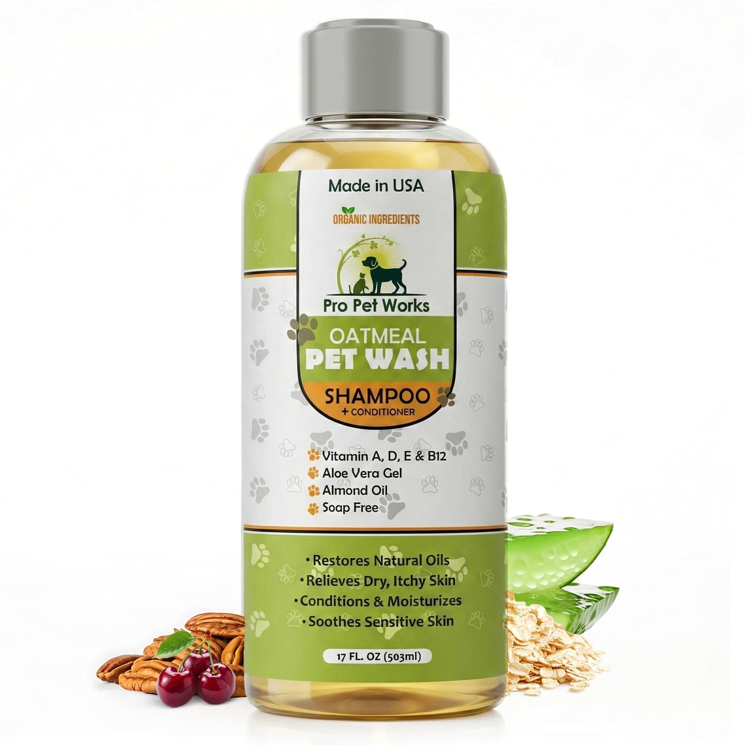 Pro Pet Works All Natural Oatmeal Dog Shampoo + Conditioner for Dogs, Cats and Small Animals-Hypoallergenic and Soap Free Blend with Aloe for Allergies & Sensitive Skin- 17oz