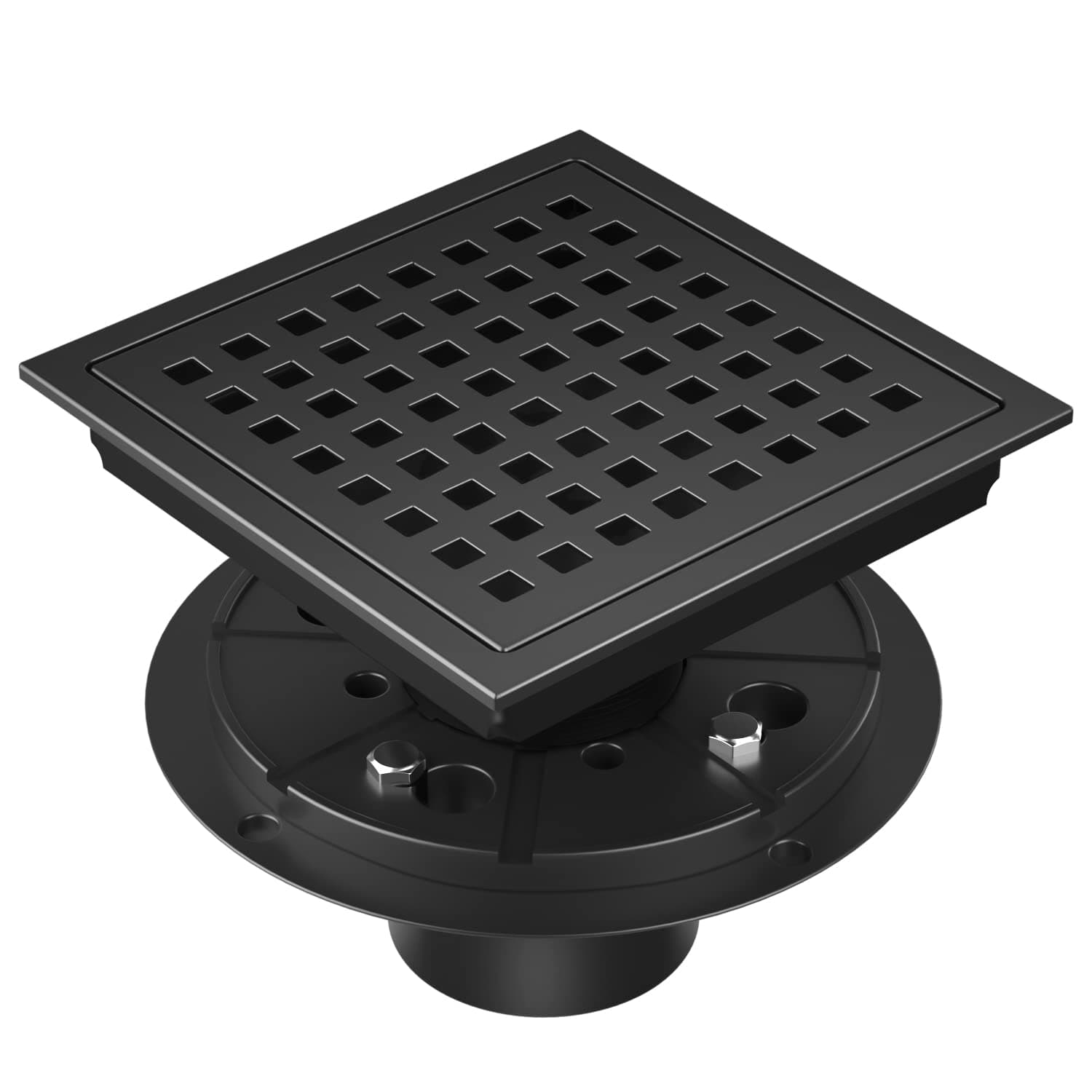 Square Shower Drain 6 Inch Matte Black, Stainless Steel Shower Floor Drain Kit with Flange, Removable Grid Grate, Hair Strainer, Not Fit for Bathtub