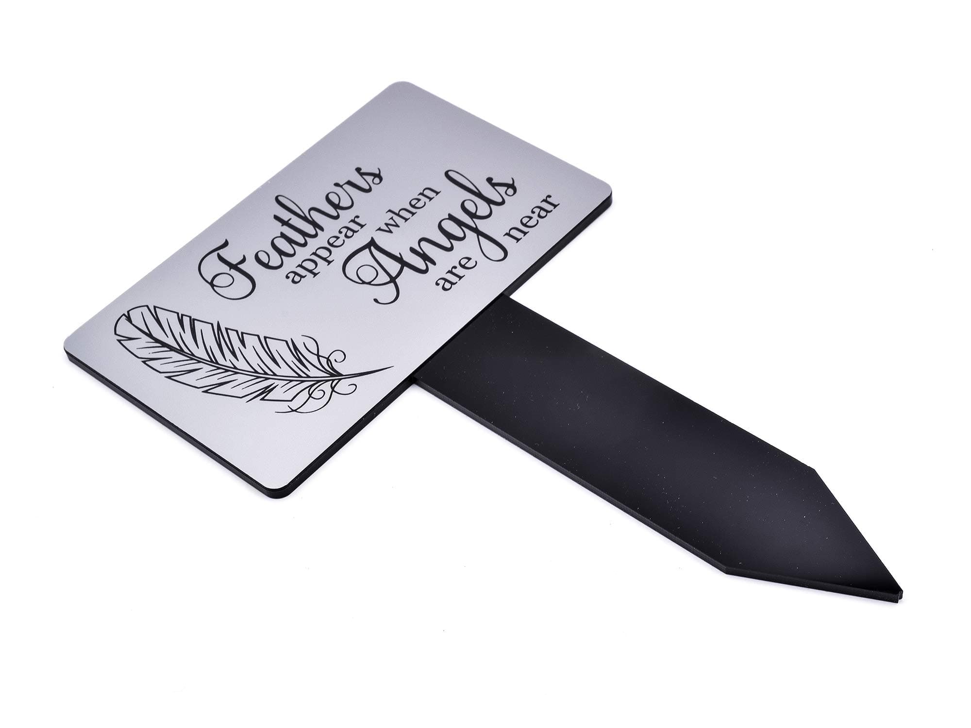 Origin Feathers Appear When Angels are Near - Silver and Black Engarved Memorial Garden Stake or Grave Decoration