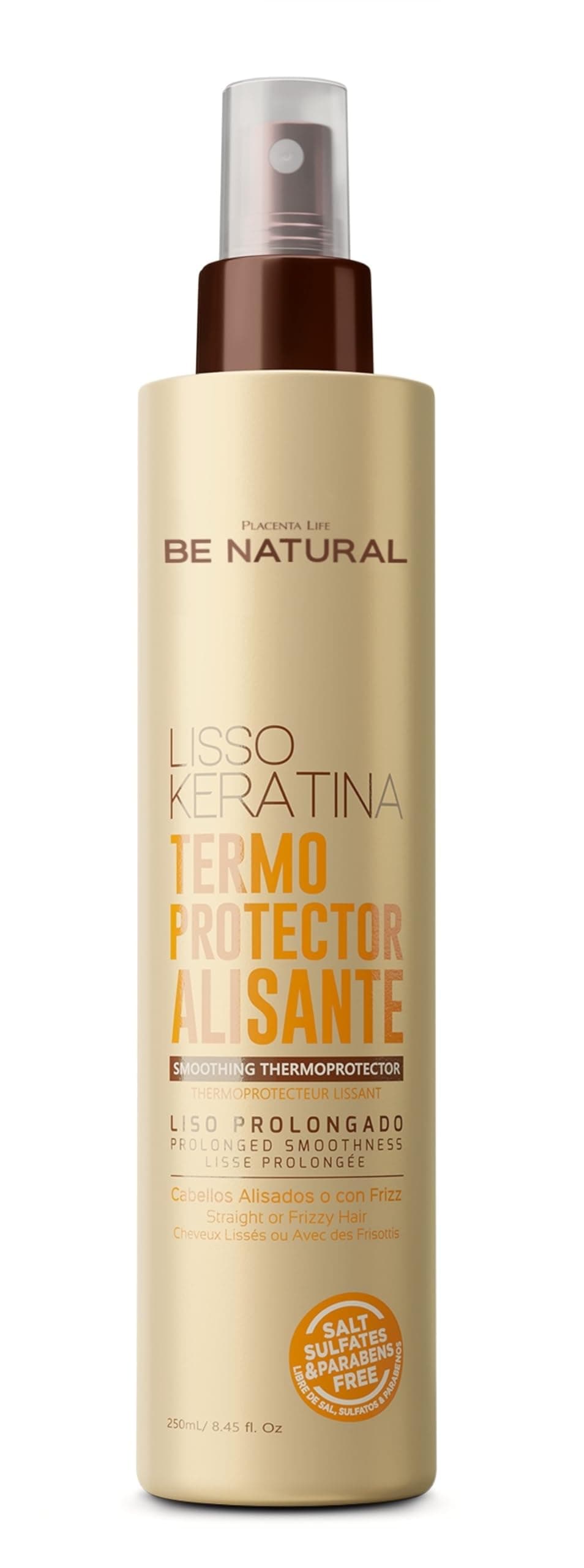 BE NATURAL LISSO KERATINA Smoothing Thermoprotector for Straight or Frizzy Hair - Protects from heat - Prolonged Smoothness.(250 ml/8.45 fl/oz)