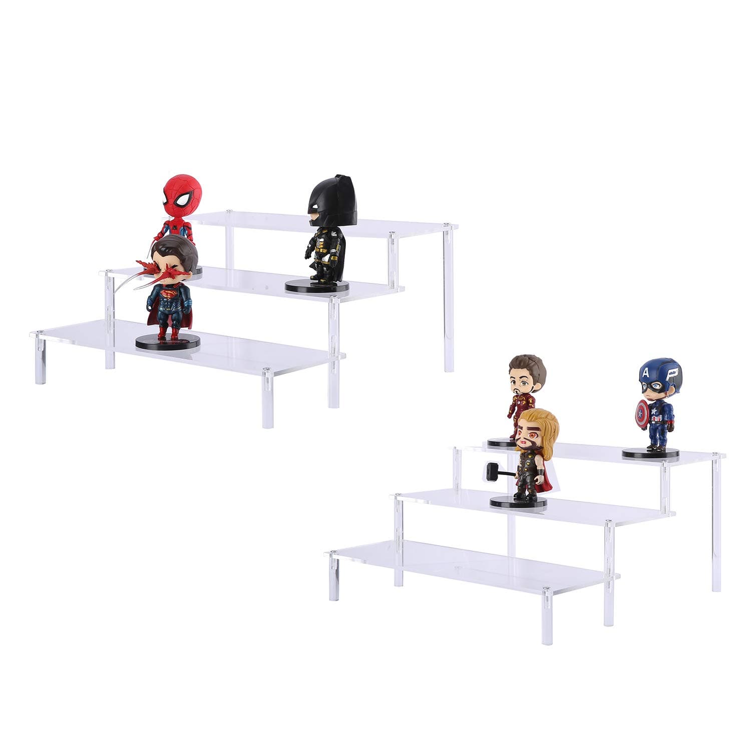 MEHE Acrylic Riser Stand Shelf for Amiibo Funko POP Figures Display,Cupcakes Stand for Table,3-Tier Clear,2 Pack (12x8.5 inch)
